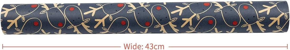 Christmas Wrapping Paper Roll – 15M x 43cm Blue Kraft Gift Wrap with Festive Elk Pattern, Recyclable Xmas Wrapping Paper for Holiday, Party & Christmas Decorations