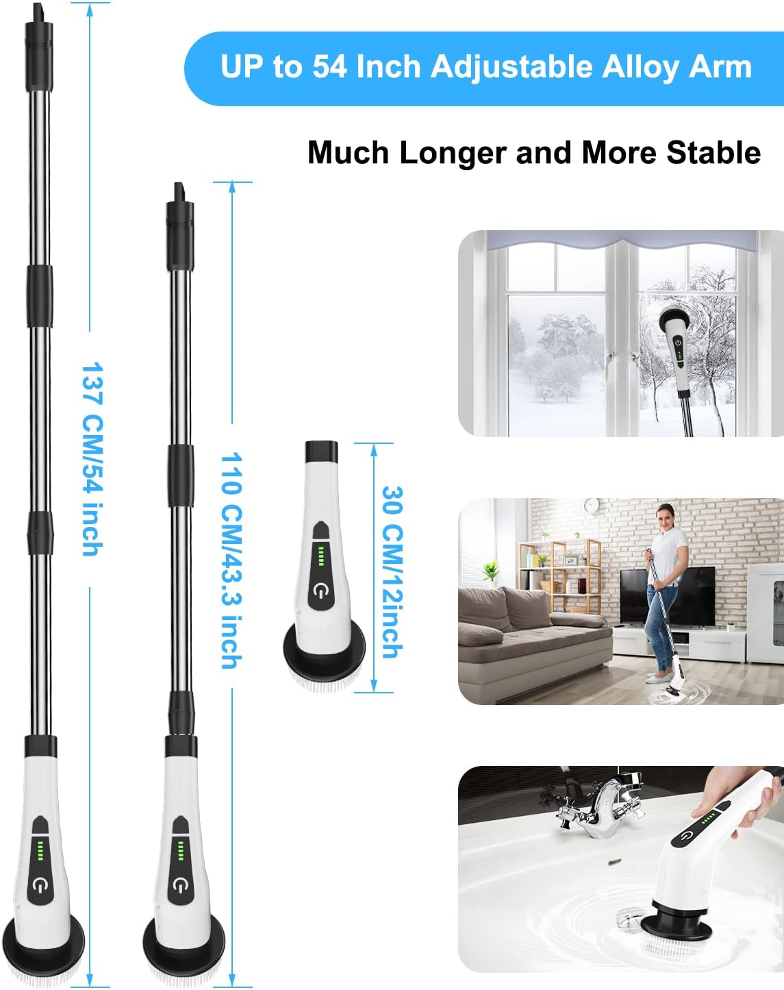 Leebein Cordless Electric Spin Scrubber – Extendable Handle with 8 Replaceable Brush Heads, 300/400 RPM for Bathroom, Kitchen, Floor & Tile Cleaning