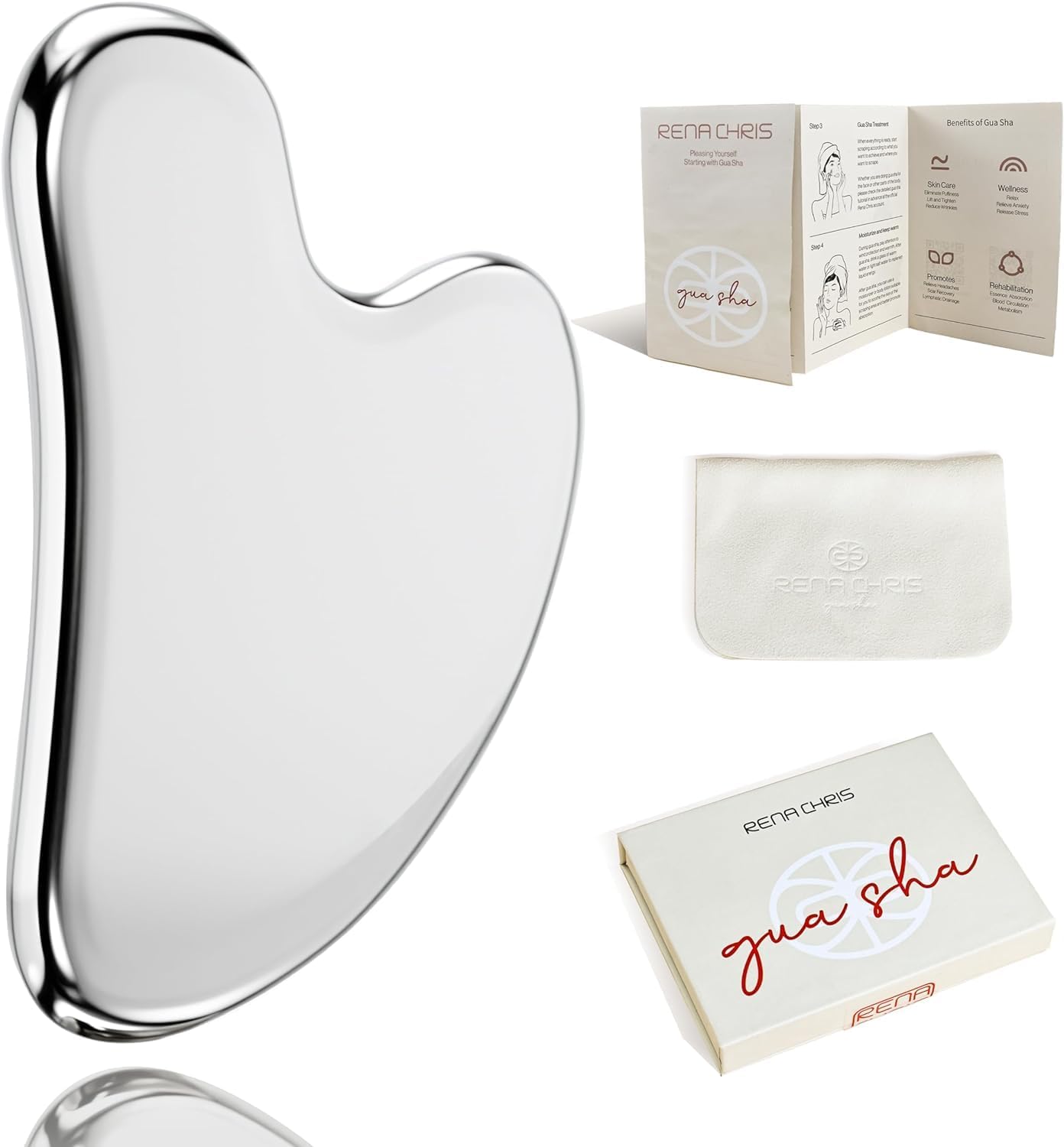 Rena Chris Stainless Steel Gua Sha, Metal Gua Sha for Jawline Sculpting and Puffiness Reducing, Facial Massage Tool, Skin Care Gift (Silver)