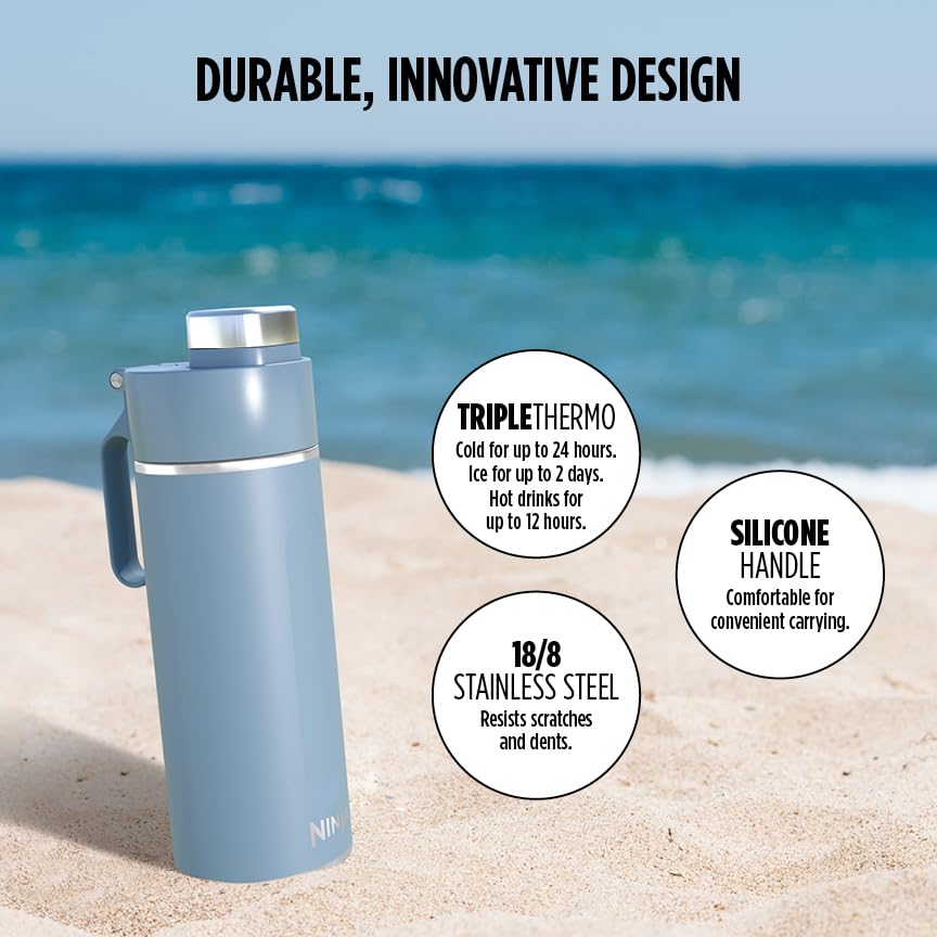 Ninja Thirsti Water Bottle and Flask 700 ML With Leak-Proof Lid, Designed For Carbonated, Hot & Cold Drinks, Ideal For Travel & Sports, Triple Insulated, Stainless Steel Bottle, Blue, DW2401EUUKBL