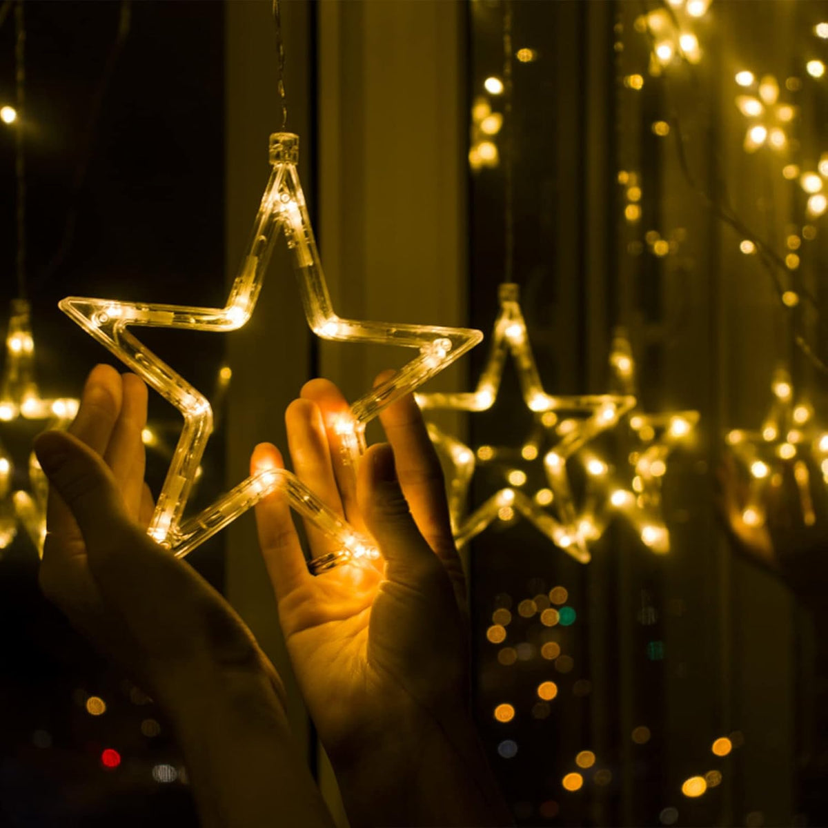 Jsdoin Christmas LED Stars Curtain Lights,12 Stars 138 Window Curtain String Lights with 8 Flashing Modes Decoration for Wedding, Party,Wall, Home Decorations,USB/Battery Powered (Warm White)