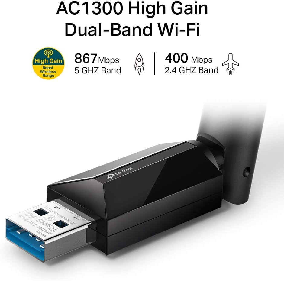 TP-Link Archer T3U Plus WiFi Dongle, AC1300 High Gain Wireless WiFi Adapter, Dual Band USB 3.0 MU-MIMO WiFi Dongle with 5dBi Antenna for PC/Desktop/Laptop, Supports Windows 11/10/8.1/8/7XP, Mac OS