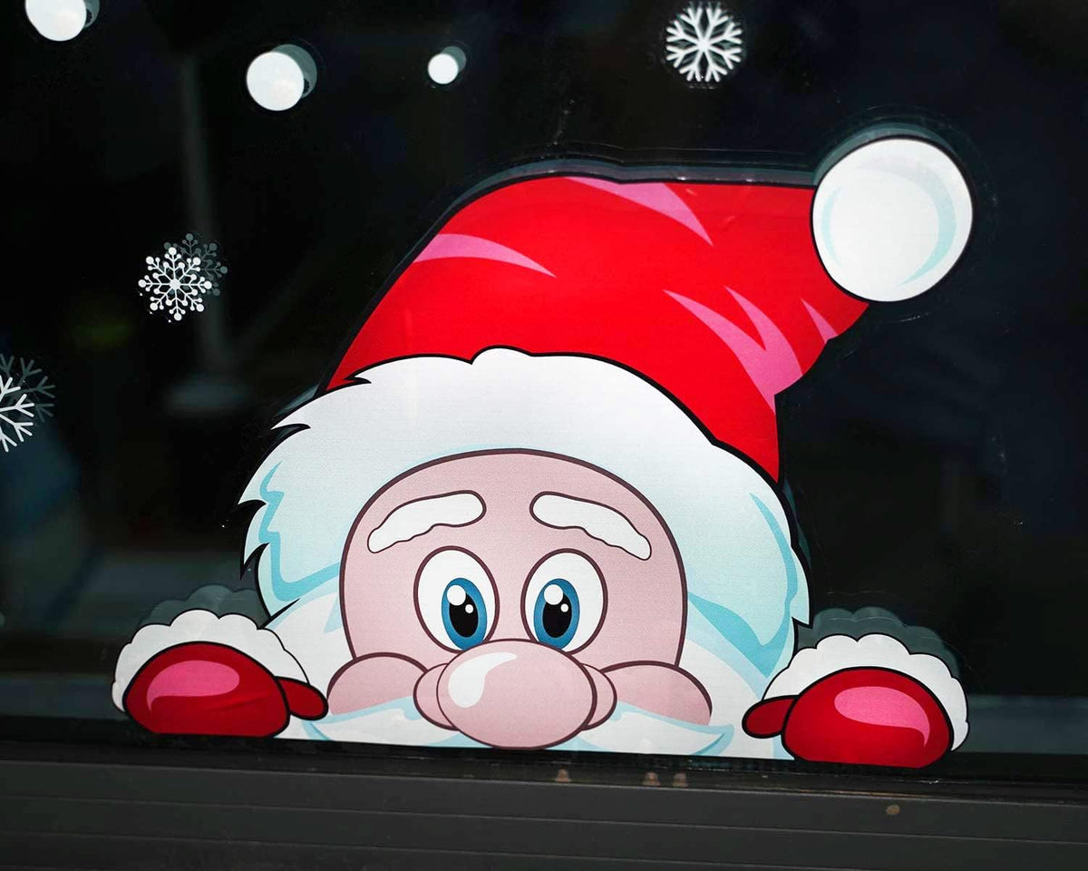 FINGOOO Christmas Window Stickers, 6 Sheets Peeping Santa and Rudolph Window Clings Snowflake Decal for Xmas Window Decoration