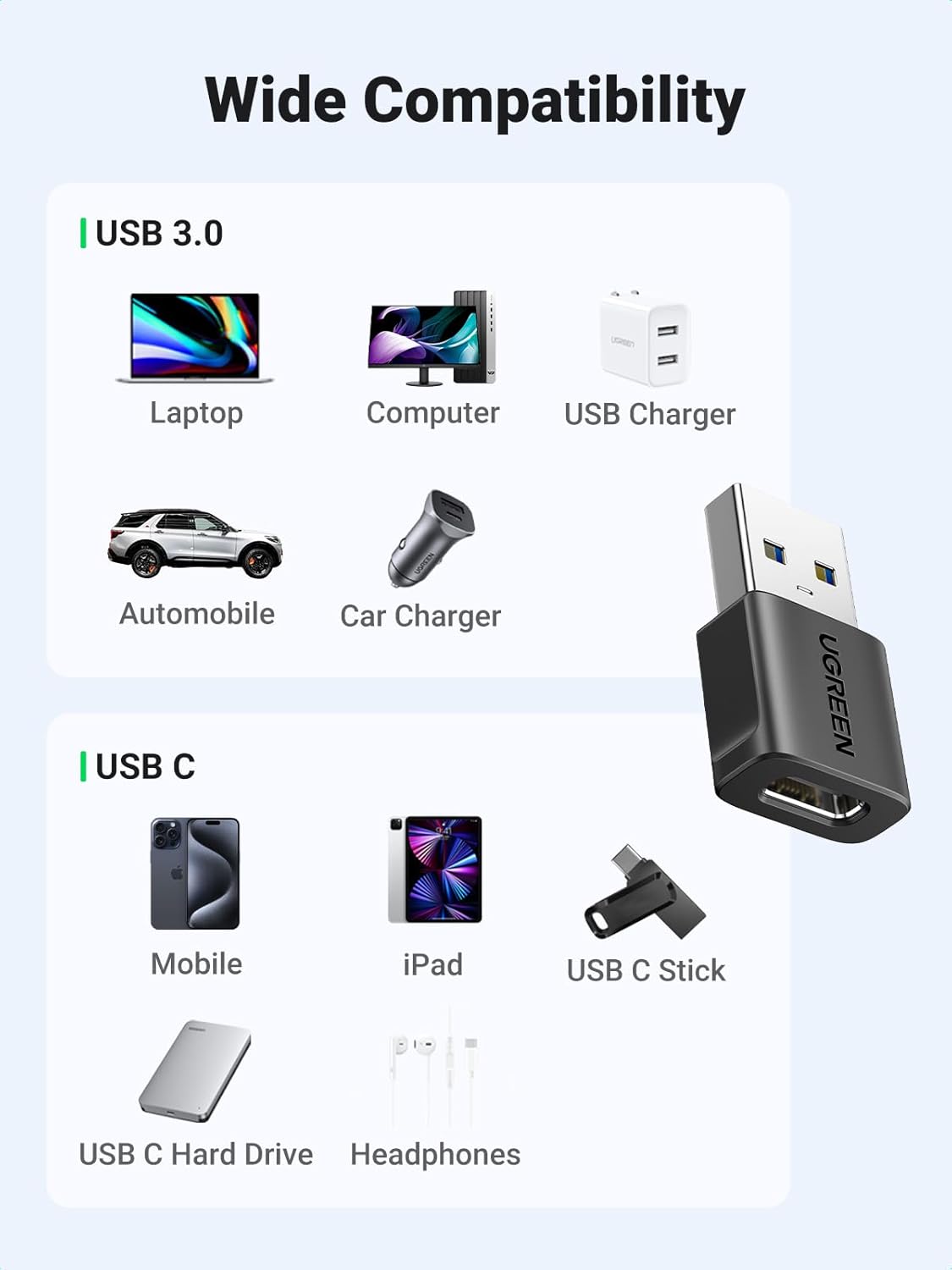 UGREEN USB C to USB Adaptor,Car Fast Charging Adapter,3 Pack 10Gbps Date Tansfer Type C Female to USB 3.0 Male Converter Compatible with iPhone 16/15, iPad Air/Mini, Apple Watch,Samsung Galaxy S24