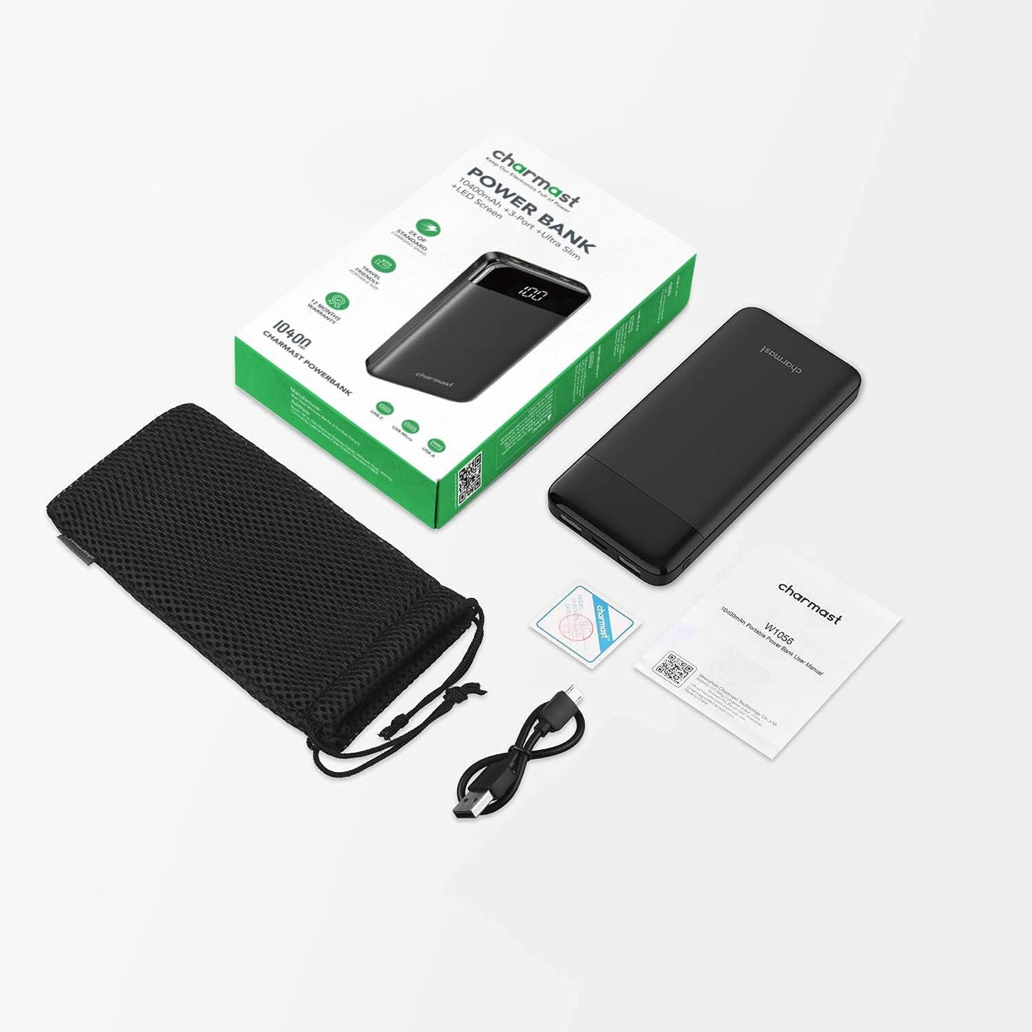 Charmast Ultra Slim Power Bank 10,400mAh – Quick Charge USB-C Portable Charger with LED Display – Compatible with Smartphones, iPhone, Huawei & More