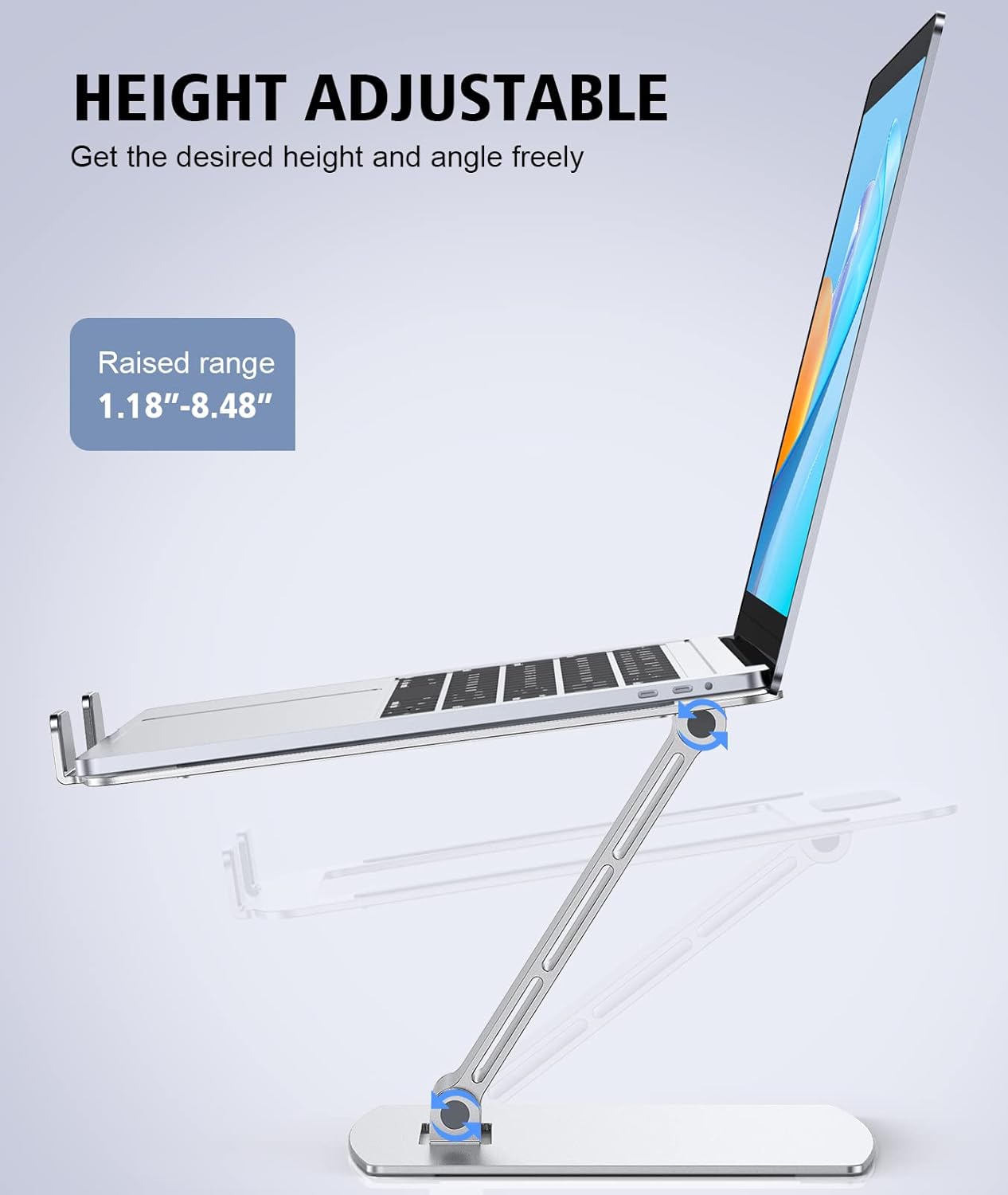 Glangeh Laptop Stand Adjustable Height, Ergonomic Air-Ventilated Laptop Riser Holder for Desk, Aluminum Foldable Laptop Cooling Pads Computer Stand Compatible with MacBook Air Pro (10-16")-Silver