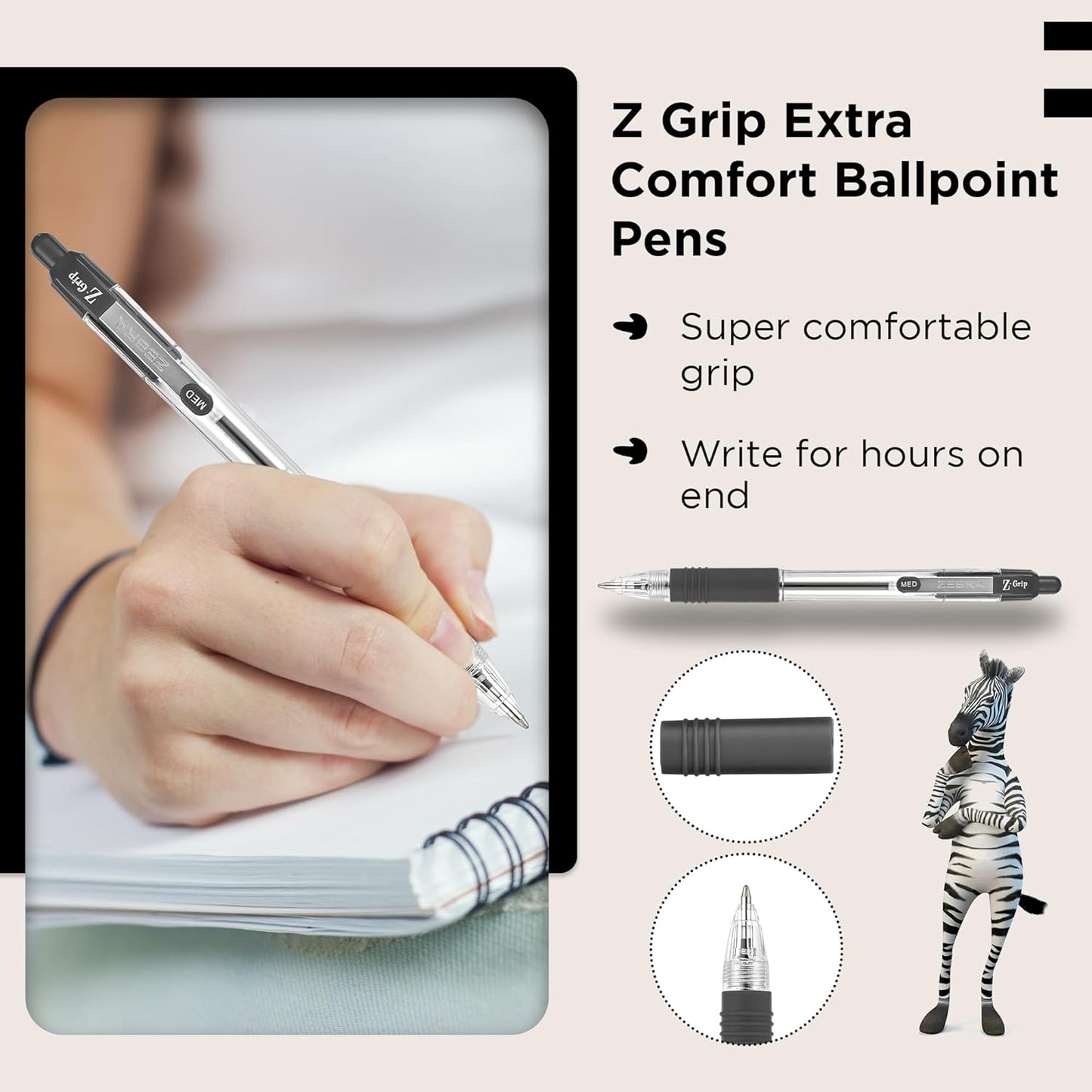 Zebra Pen Z Grip Black Ballpoint Pens with Pocket Clip 8pk, Retractable Black Ink Ballpoint Pens, Reliable Black Biro Pens Multipack for Everyday Use Design, New Pack Size 8pk