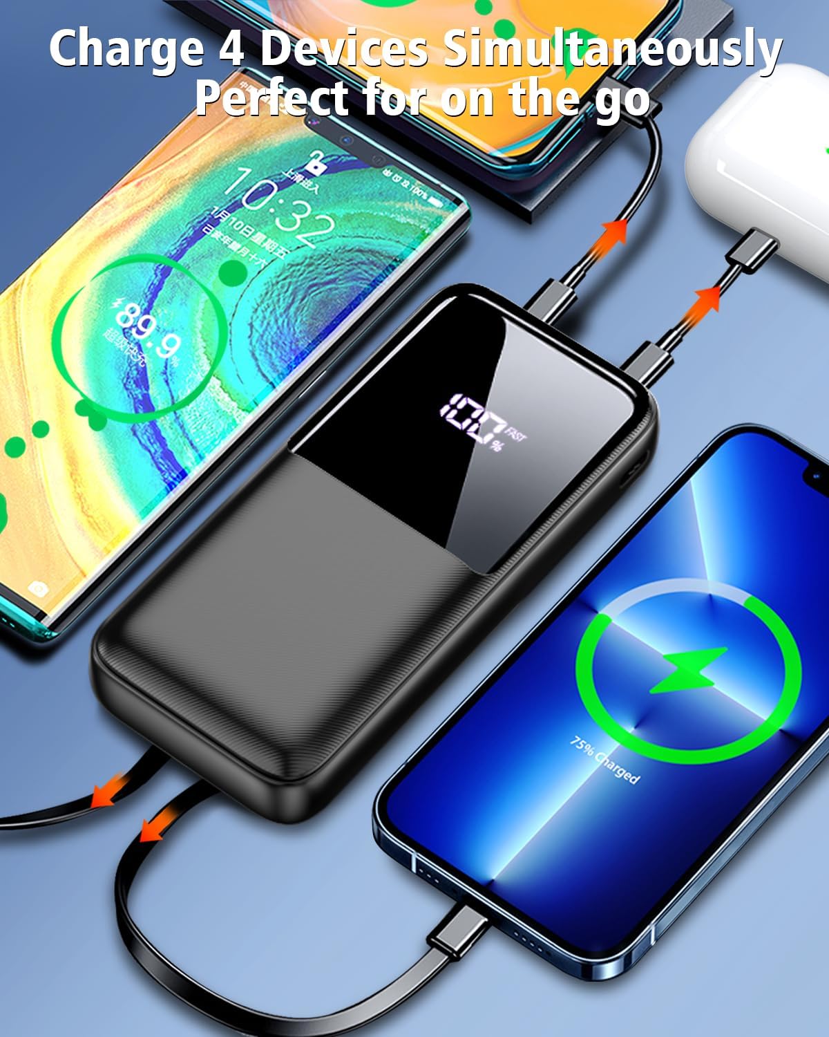 Portable Power Bank 15,000mAh with Built-In Cables – USB-C Charger with LED Display & 4 Outputs – Compatible with iPhone 16/15/14/13, Android & More – Dark Gray