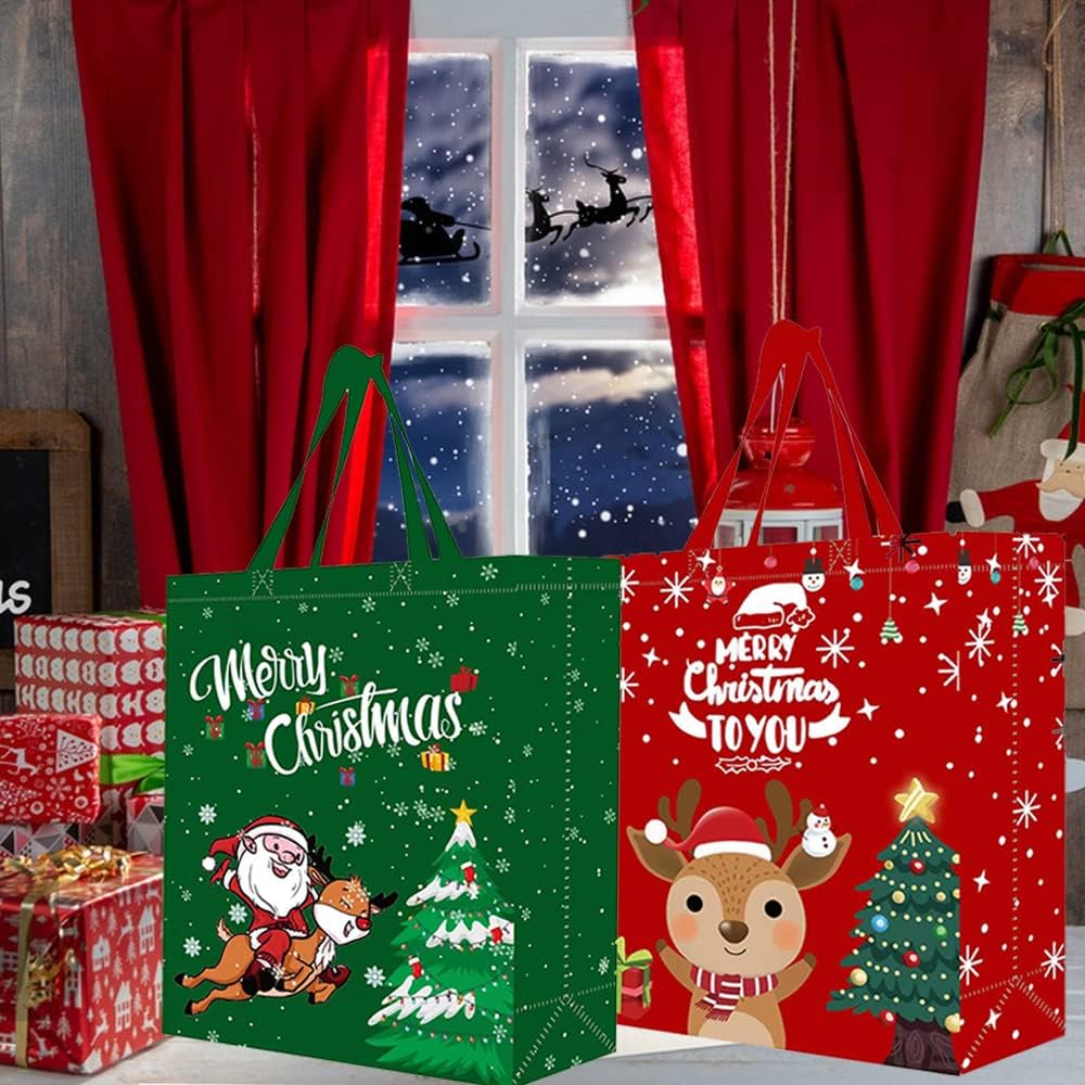 Volsha 4 Pack Christmas Reusable Grocery Bag,Large Tote Bag with Handle, Gift Present Bag, Shopping Bag for Holiday Xmas Event Party