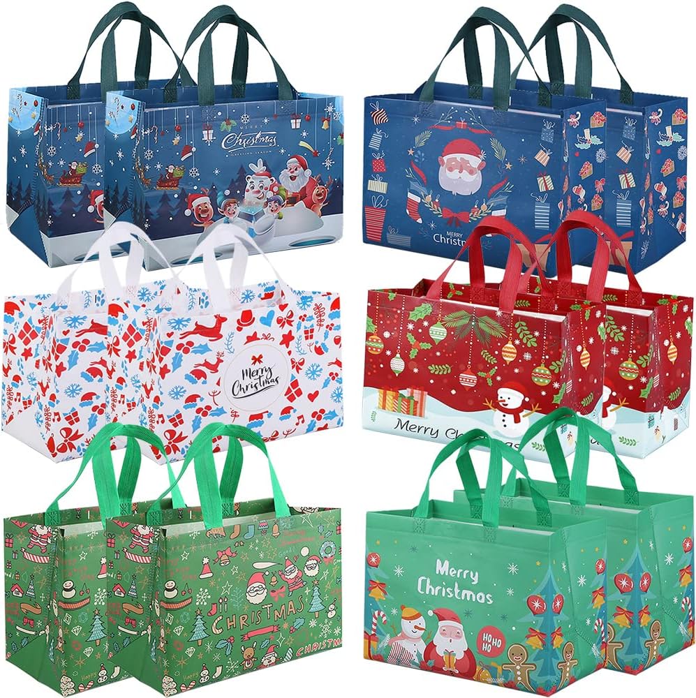 DOJoykey 12pcs Large Christmas Tote Bags with Handle, Reusable Gift Bags Shopping Bag Wrapping Bag for Xmas Holiday Party Decoration