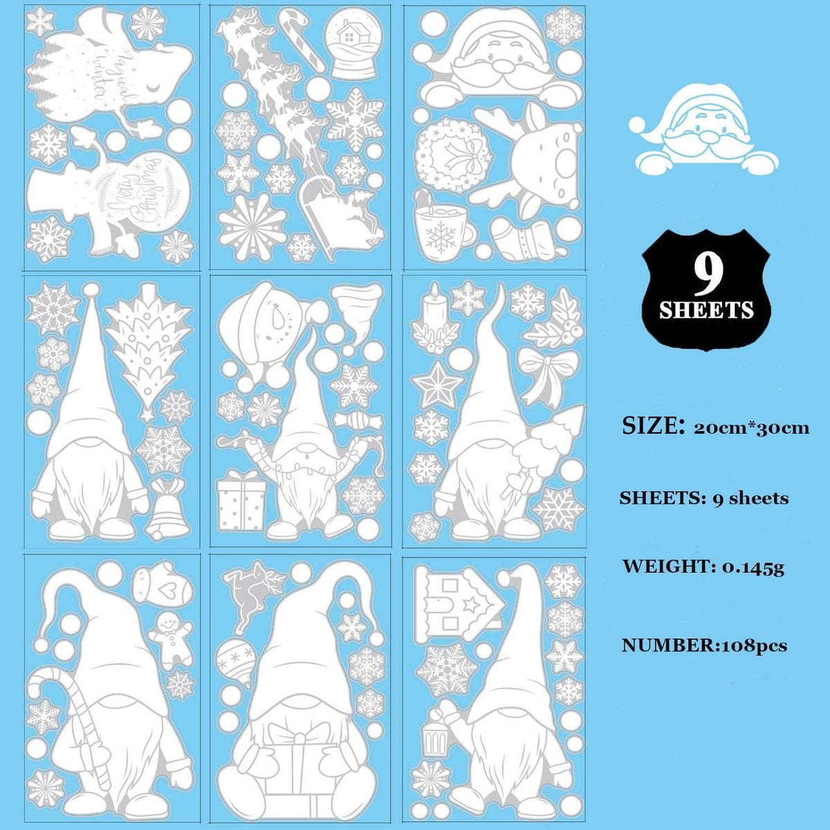 108 Pcs Christmas Window Stickers 9 Sheets Reusable Christmas Window Decorations Gnome Christmas Decorations for Windows Gonk Window Christmas Decorations Home Office Classroom