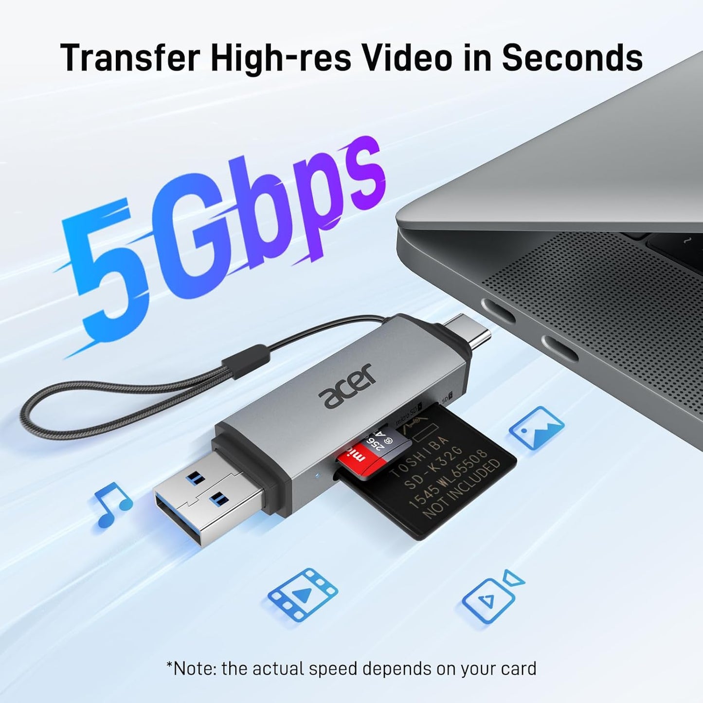 acer SD Card Reader, USB C & USB 3.0 Memory Card Reader Adapter Supports SD/Micro SD/SDHC/SDXC/MMC, Compatible with iPhone 15 Pro, MacBook Pro/Air, iPad Pro 2021, Galaxy S22, Pixel, XPS 13, etc.