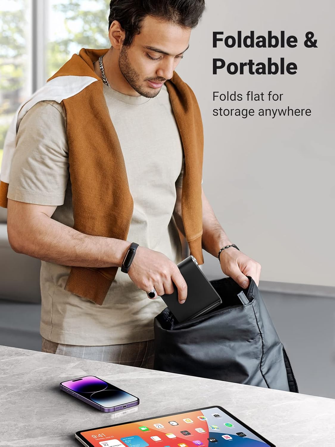 UGREEN iPad Stand Tablet Desk Holder Foldable Adjustable Portable Travel Mount Video Call Compatible with iPad Pro 13 2024 12.9 11/Air/Mini/10th 10.9,iPhone 16 15,Galaxy Tab A8 A9+,Surface Go(Black)