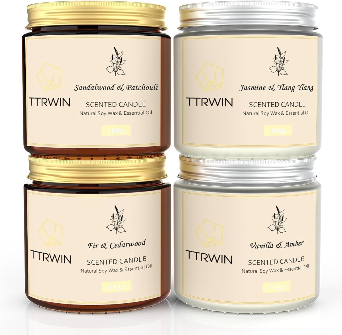 TTRWIN Scented Candles Gift Set, 4 Pack Natural Soy Candles: Jasmine & Ylang Ylang, Sandalwood & Patchouli, Fir & Cedarwood, Vanilla & Amber, Aromatherapy Gift for Christmas Birthday