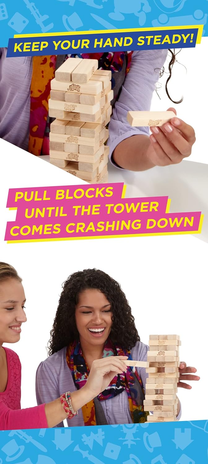 Hasbro Gaming Jenga Family Game, Outdoor Games for Kids, Classic Strategy Stacking Game for 1+ Players, Fun for Parties, Travel, and Ages 6+