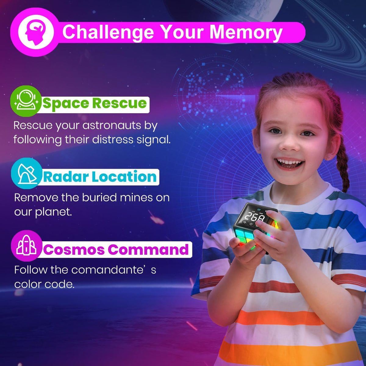 Rechargeable Game Handheld Cube, 15 Fun Brain & Memory Game with Score Screen, Cool Toys for Kids, Christmas Birthday Gifts for Boys Girls Aged 6-12+ Years Old (Black)