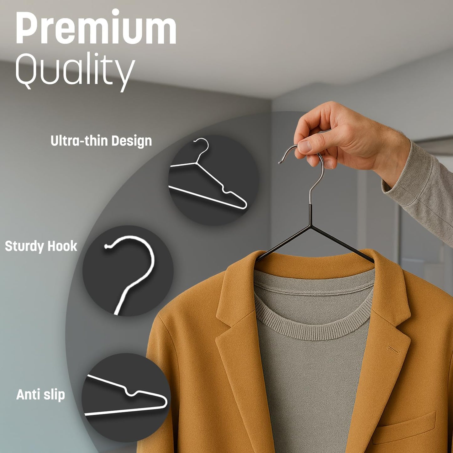 KEPLIN 20 Pack Premium Rubber Coated Metal Hangers - Heavy Duty - Space Saving Organiser Clothes Hangers For Wardrobes Coat Rack Rails (Black)