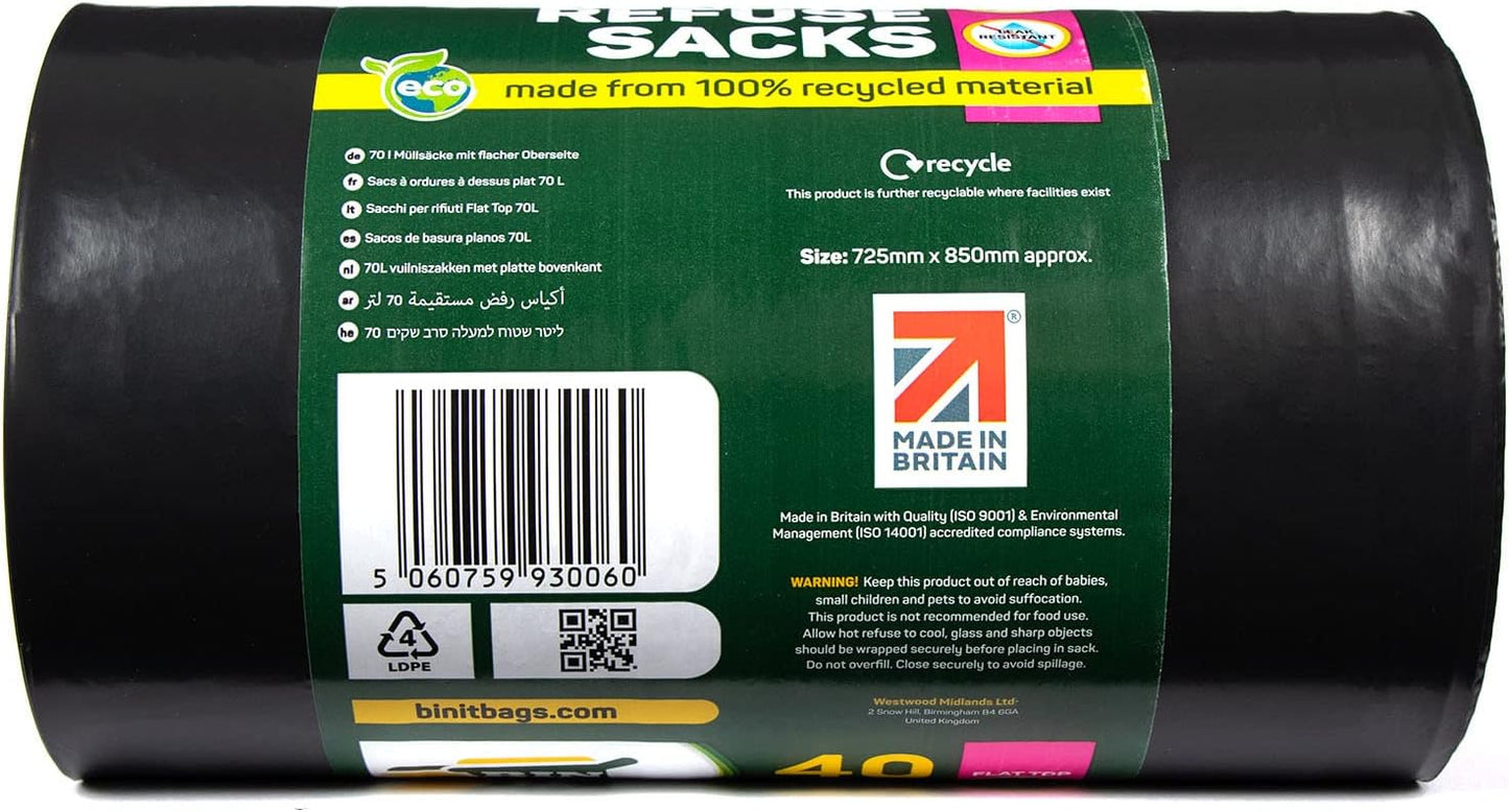 BIN IT 40 Everyday 70L Strong & Secure, Refuse Sacks, Bin Bags, Bin Liners, Flat Top, Recycled, Tear Resistant, 30 μm, Perfect for Everyday Use, Household, Office, Kitchen & Caterers