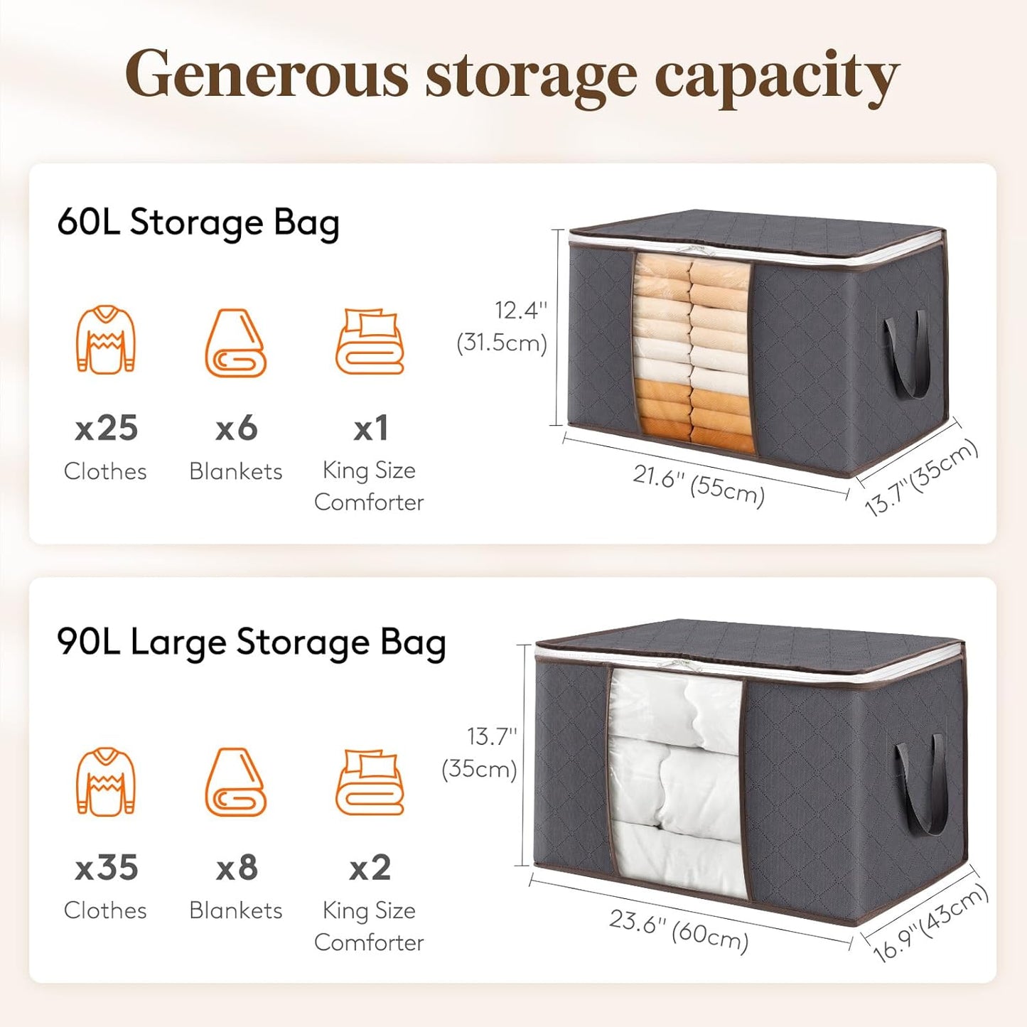 Lifewit 6 Pack Clothes Storage Bags, Foldable Storage Box Moving Bags Wardrobe Storage Organiser Packing Boxes for Moving House with Clear Window for Clothing Bedding Blankets, Grey