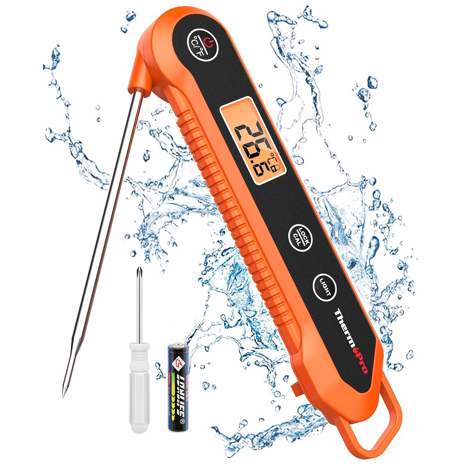 ThermoPro TP03H Meat Thermometer with IPX6 Waterproof, Food Thermometer Foldable Food Temperature Probe with LCD Backlight Calibration Lock Fuction, Kitchen Digital Instant Read Probe for Oil Jam Milk