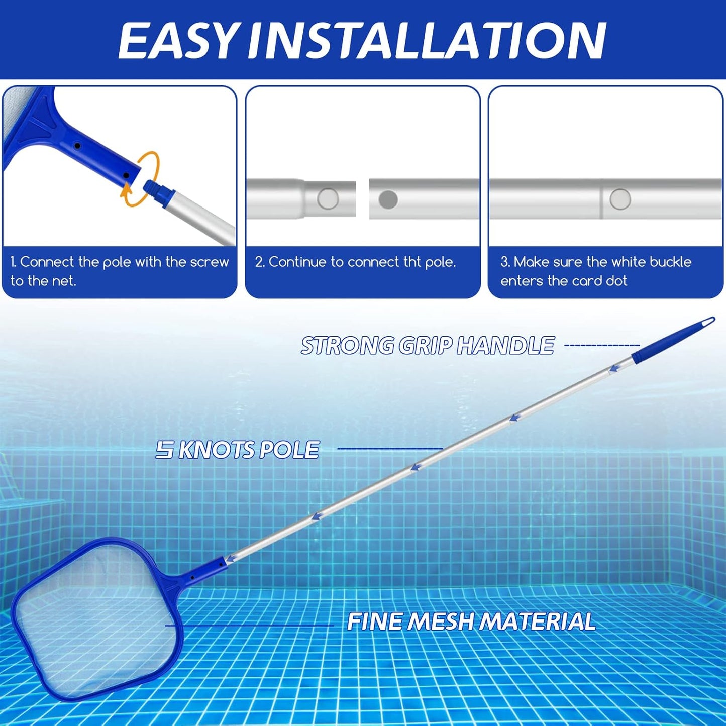 Jsdoin Swimming Pool Skimmer Net, Adjustable 5 Connecting 48Inch Aluminium Telescopic Pole, Pond Nets for Cleaning, Fine Mesh Leaf Skimmer Netting for Garden Pond Hot Tub Net, Blue