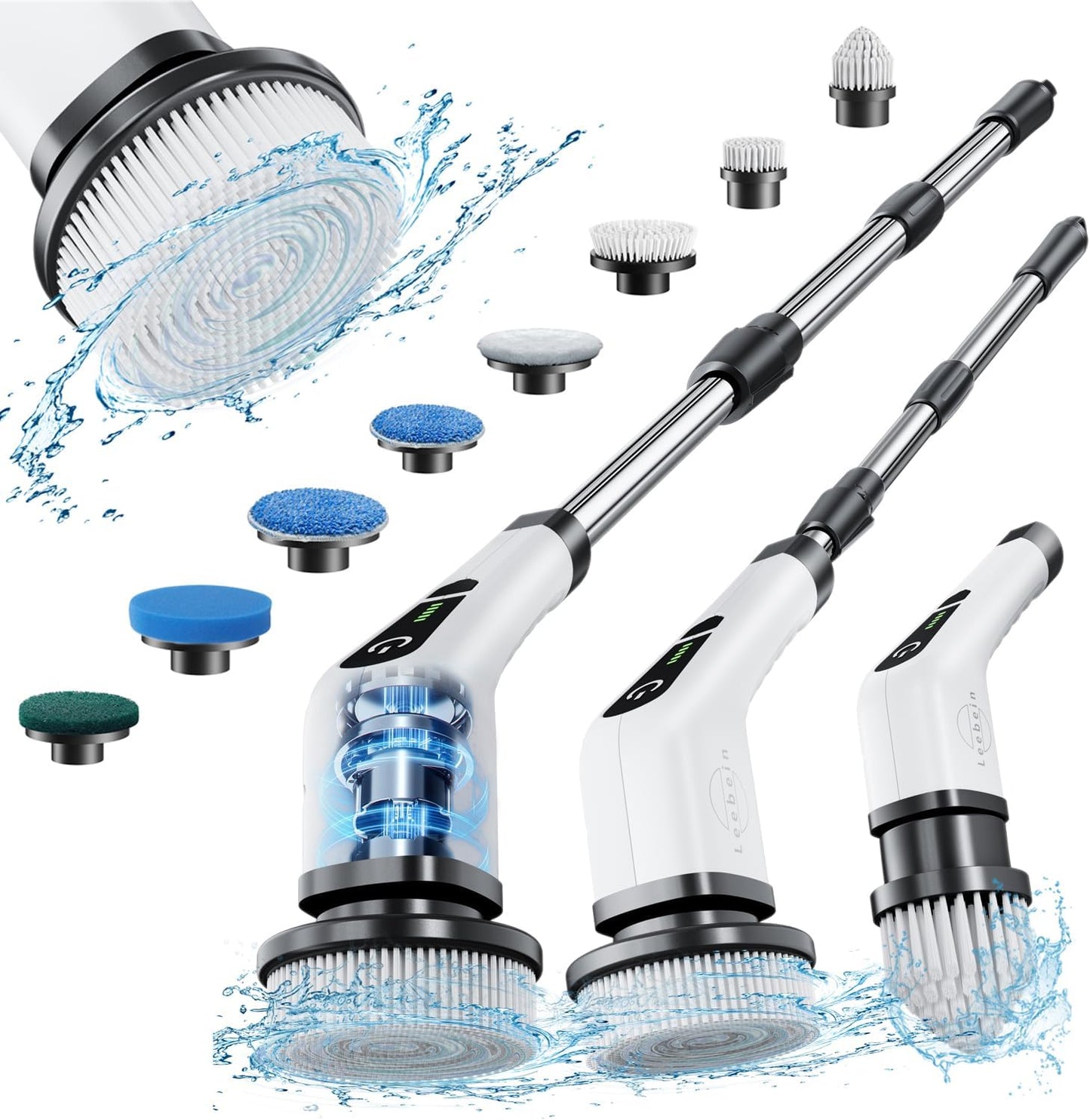Leebein Cordless Electric Spin Scrubber – Extendable Handle with 8 Replaceable Brush Heads, 300/400 RPM for Bathroom, Kitchen, Floor & Tile Cleaning