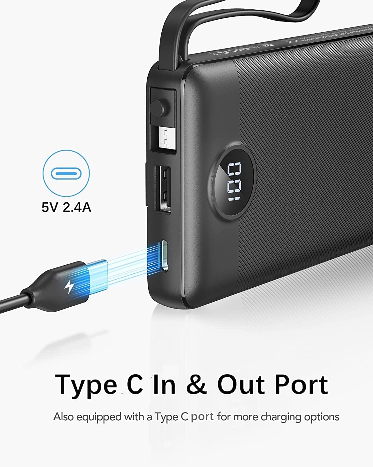 VRURC Portable Power Bank 10,000mAh with Built-In Cables – USB-C Portable Charger with 5 Outputs, 2 Inputs & LED Display – Compatible with iPhone 16/15/14, Samsung S21/S20, Xiaomi