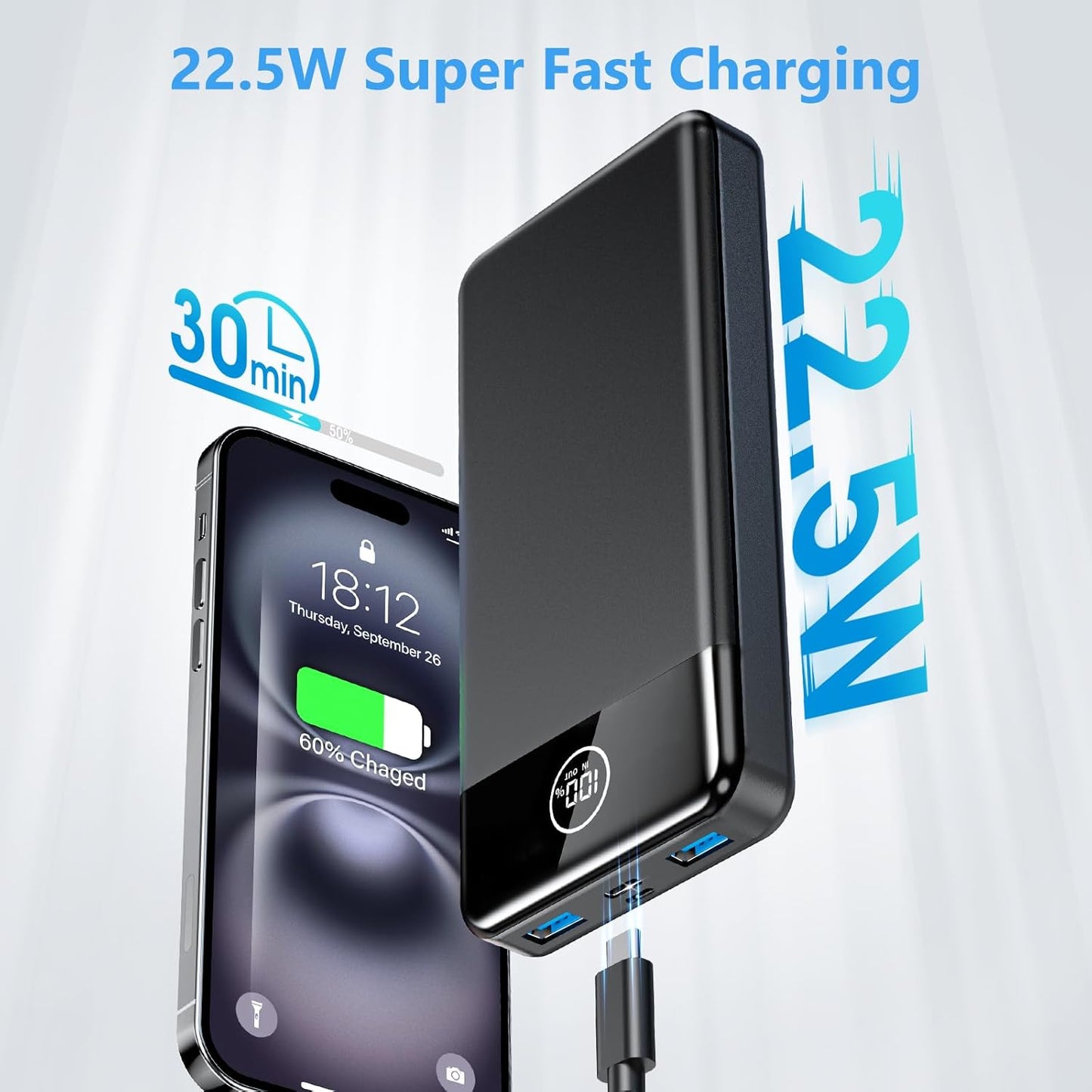 Power Bank Fast Charging 26800mAh, Portable Charger PD22.5W, PD3.0 QC4.0 USB-C/USB-A Output, Phone Battery Pack for iPhone 16 15 14 13 Plus Pro Max Mini, Glaxy