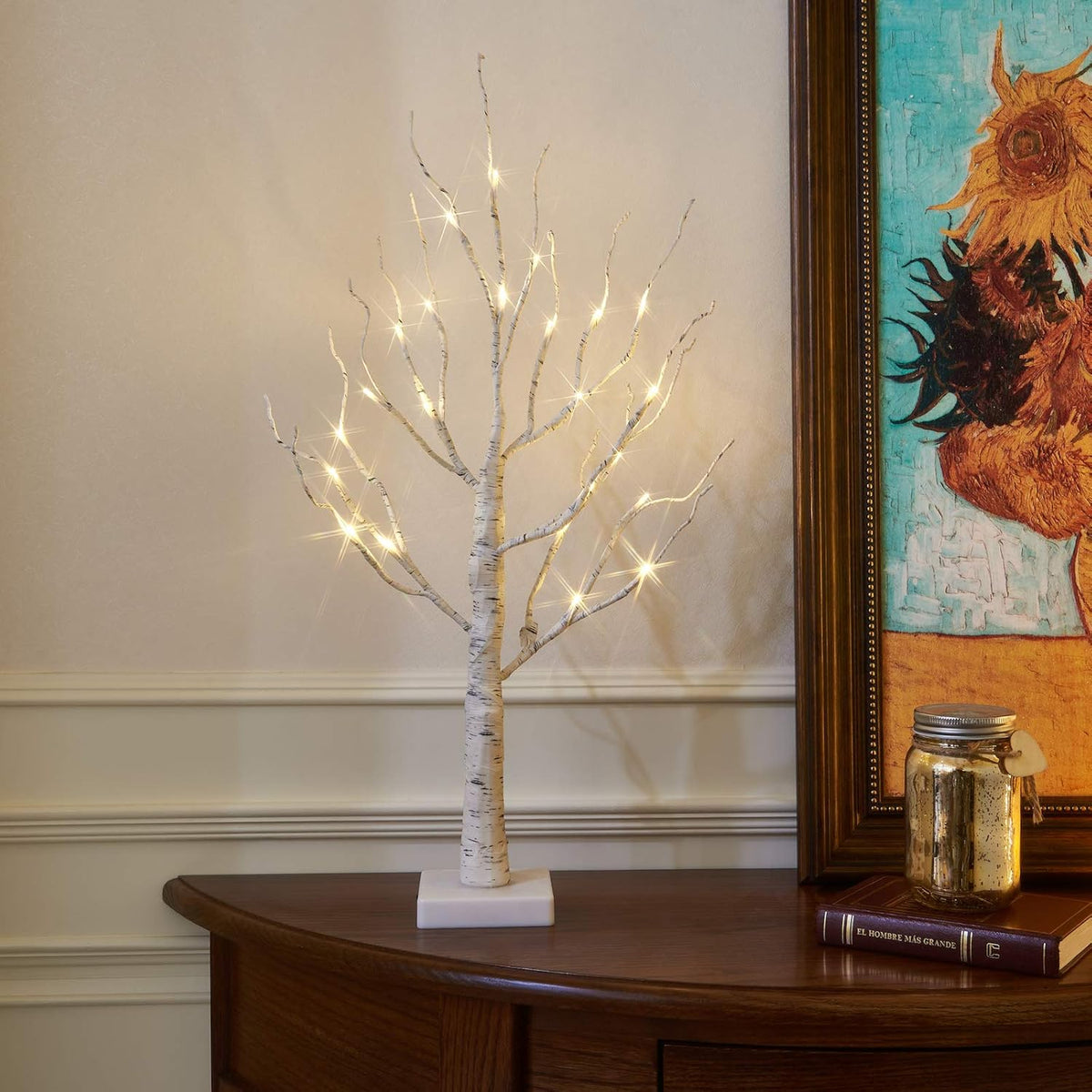 EAMBRITE White Christmas Tree with Lights Mini Birch Twig Tree Ornament with 24 Warm White LEDs Battery Operated Tabletop Decoration for Christmas Home Party Wedding