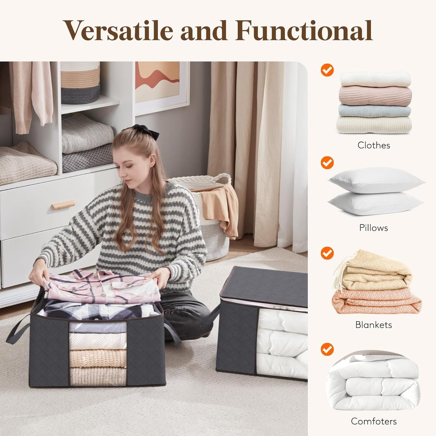 Lifewit 6 Pack Clothes Storage Bags, Foldable Storage Box Moving Bags Wardrobe Storage Organiser Packing Boxes for Moving House with Clear Window for Clothing Bedding Blankets, Grey