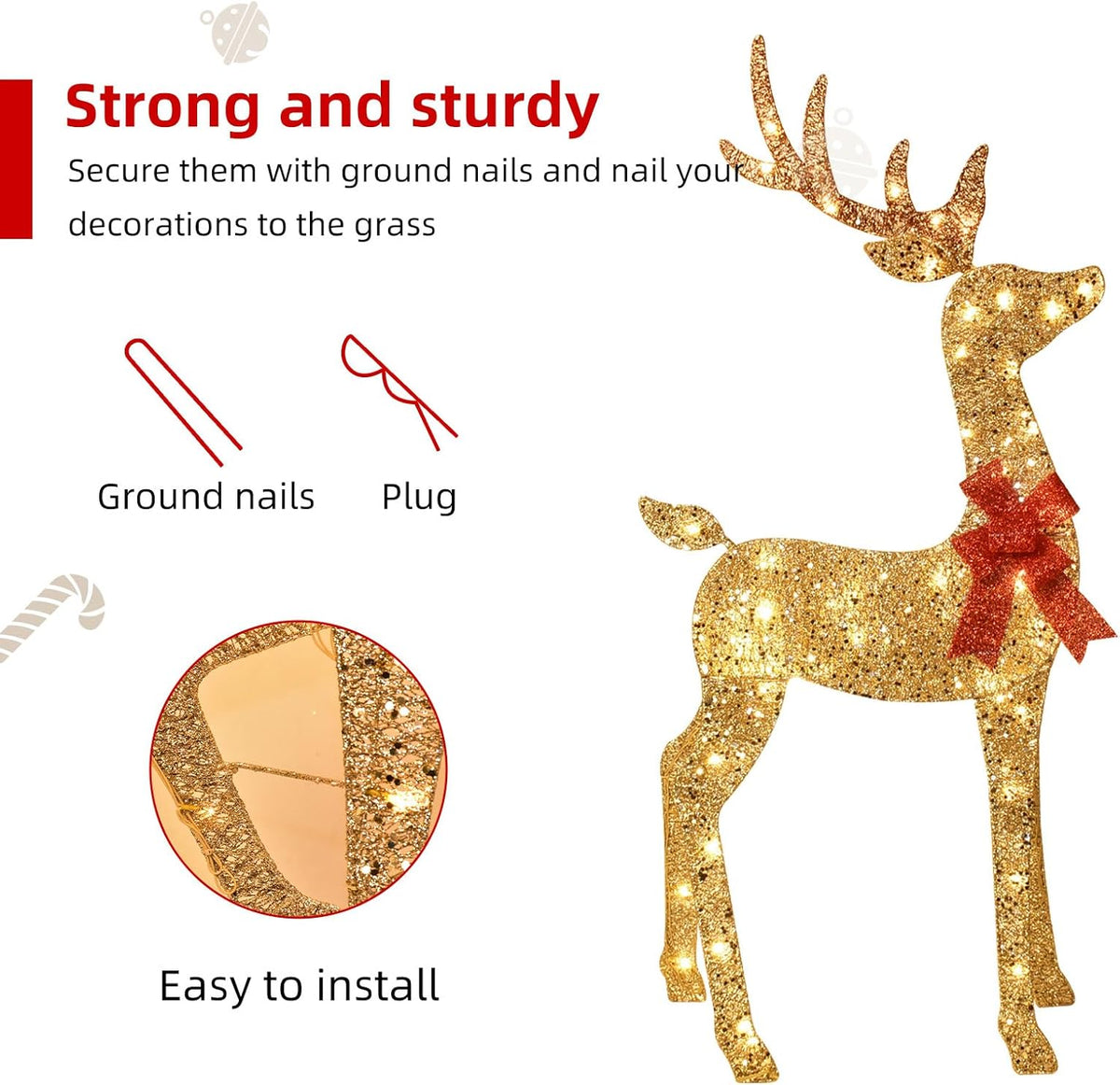 3-Piece 2D Lighted Christmas Deer Family Set - HOYECHI Large Outdoor Yard Reindeer Holiday Decoration with 145 LED Lights, Stakes, Zip Ties - Gold
