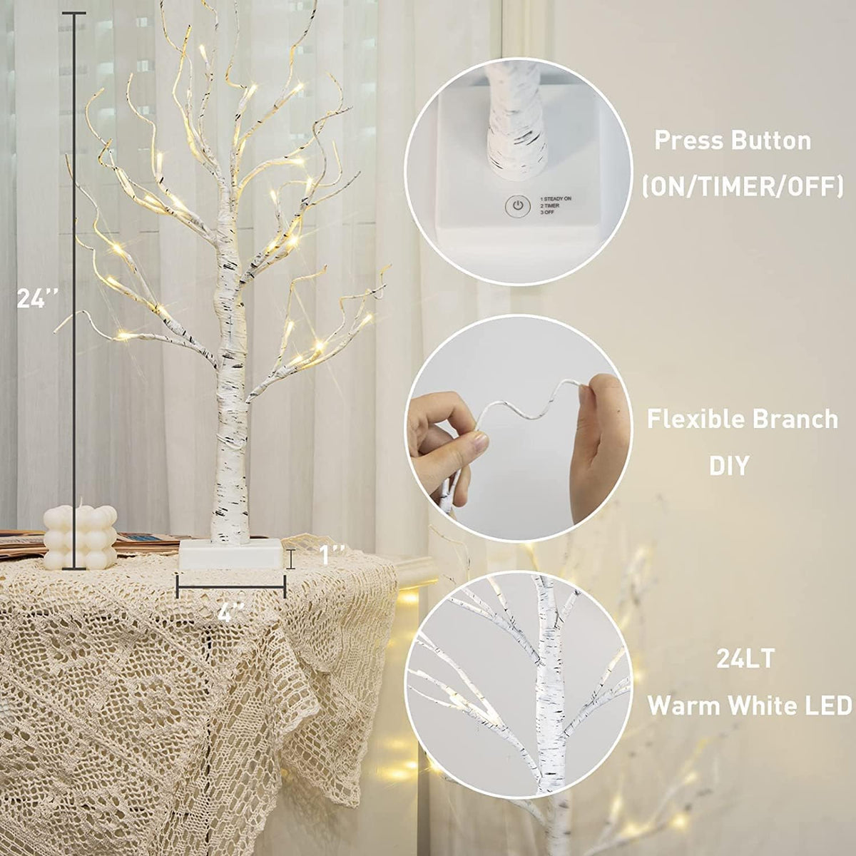 Set of 2-Vanthylit White Christmas Tree with Lights 2FT Tabletop Birch Tree with 24 Warm White LEDs Battery Operated Light up Twig Tree for Home Party Wedding Easter Christmas Decoration