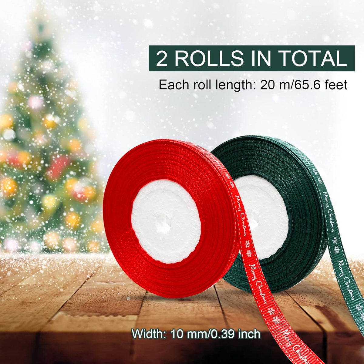 CNMTCCO 2 Rolls 43 Yard Merry Christmas Ribbons Grosgrain Wrapping Rope with Snowflake Pattern for Christmas Favor Party DIY Crafts Package Decor (White Font)