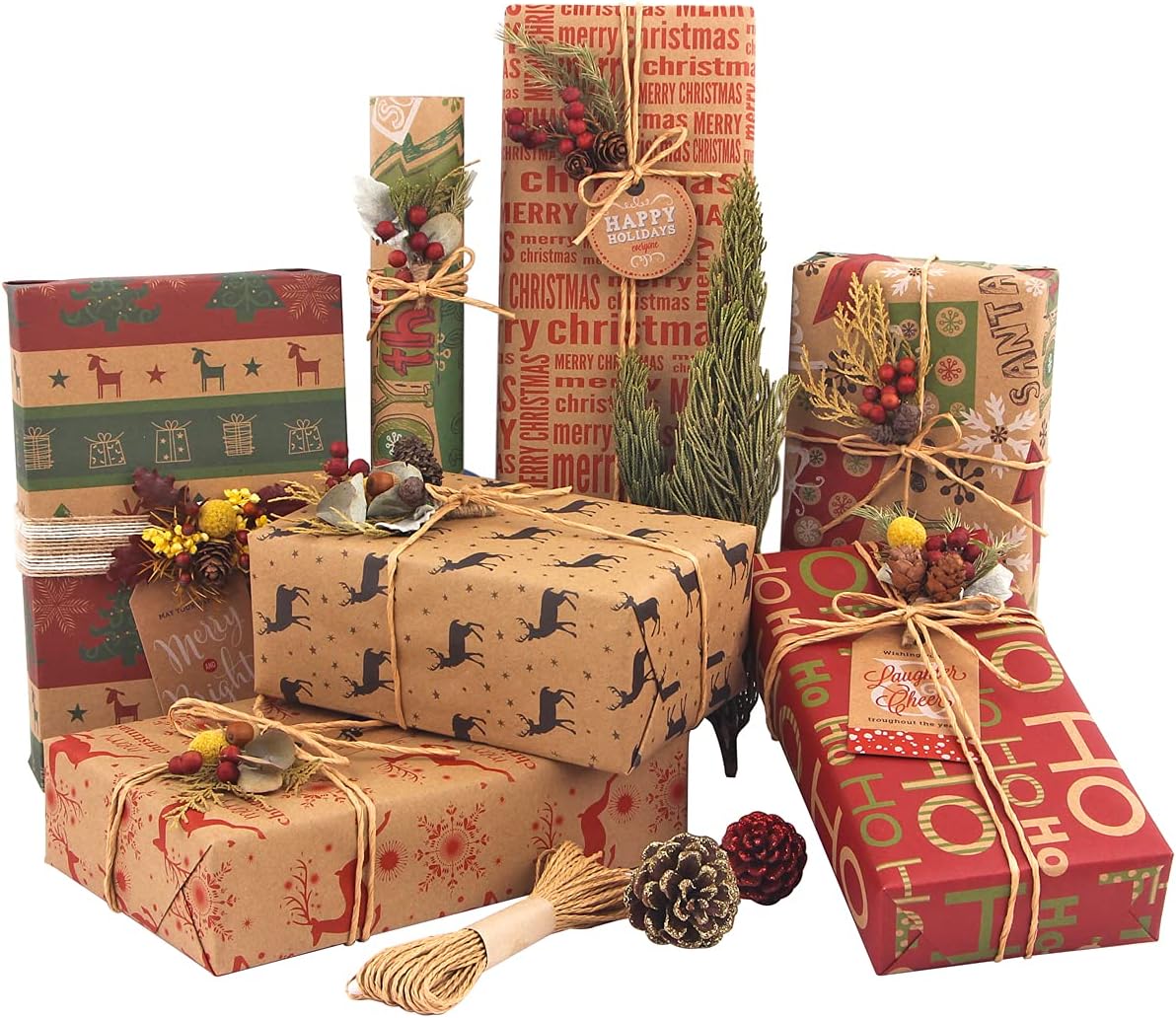Christmas Wrapping Paper Set β 12 Folded Sheets 70x50cm Recycled Kraft Gift Wrap with 6 Vintage Designs, Includes 10m Jute String & 10 Gift Tags β Eco-Friendly Recyclable Xmas Paper