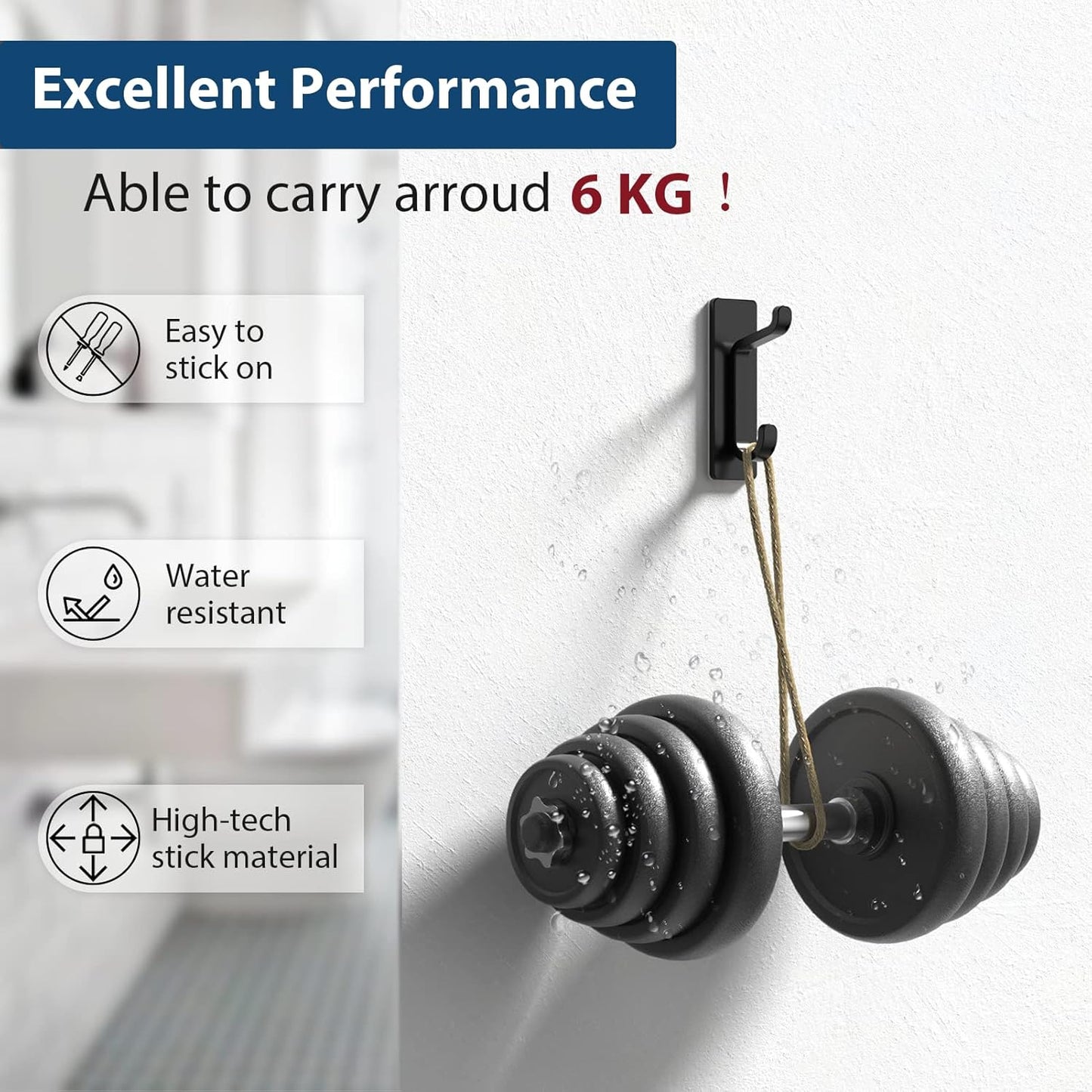 Self Adhesive Hooks, Extra Sticky and Strong, Hanging up to 6KG, Heavy Duty Stick on, No-Nail Hook for Back of Door, Black, 4 Pack