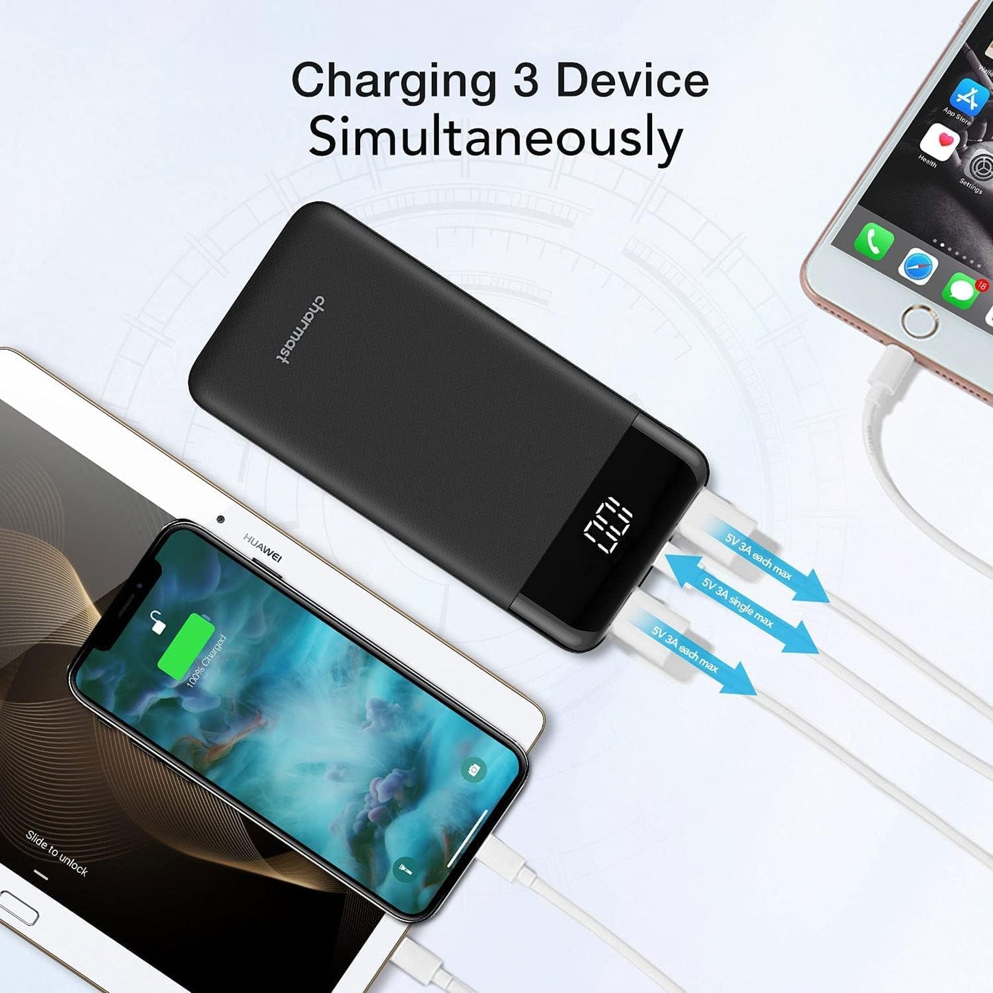 Charmast Ultra Slim Power Bank 10,400mAh – Quick Charge USB-C Portable Charger with LED Display – Compatible with Smartphones, iPhone, Huawei & More