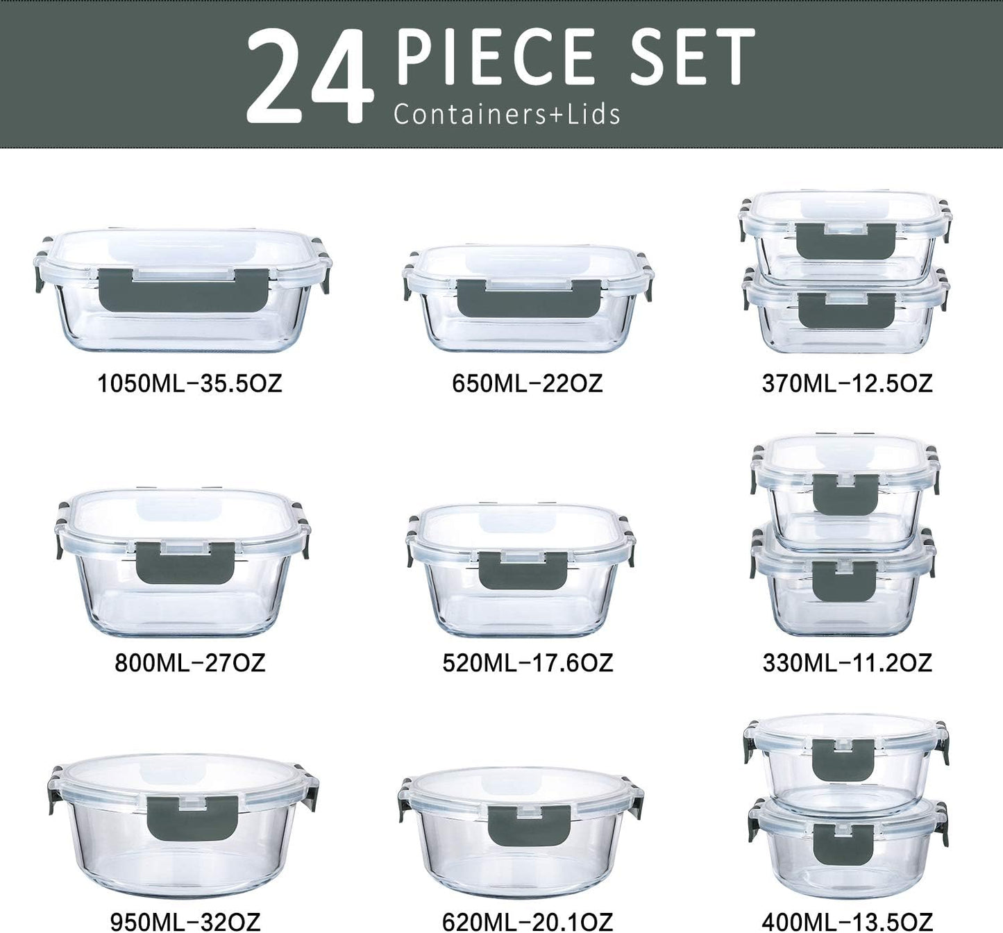 MCIRCO 24-Piece Glass Food Storage Containers with Snap Locking Lids, Glass Meal Prep Containers Set, Airtight Lunch Containers, Microwave, Oven,Freezer and Dishwasher Friendly