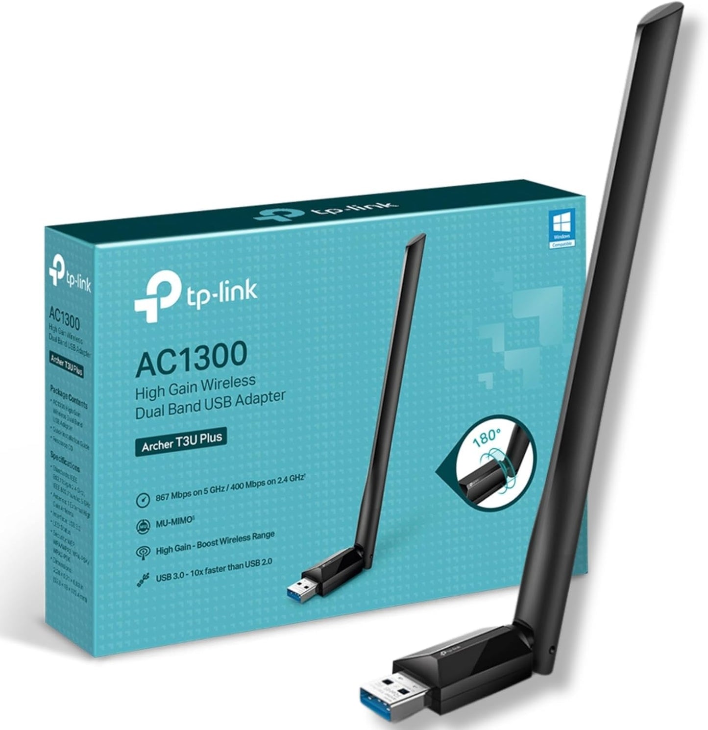 TP-Link Archer T3U Plus WiFi Dongle, AC1300 High Gain Wireless WiFi Adapter, Dual Band USB 3.0 MU-MIMO WiFi Dongle with 5dBi Antenna for PC/Desktop/Laptop, Supports Windows 11/10/8.1/8/7XP, Mac OS