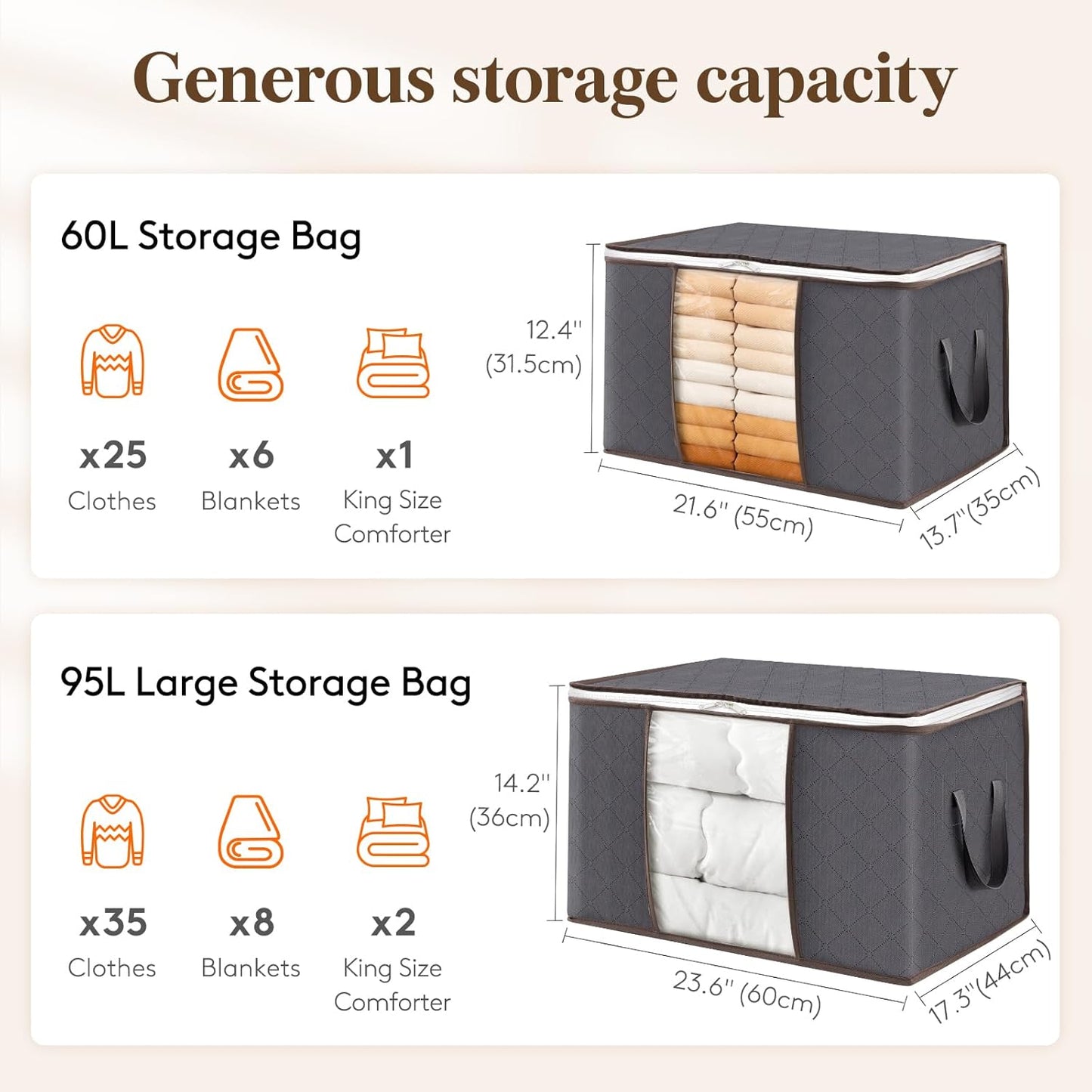 Lifewit 95L Clothes Storage Bags Large Storage Box With Lid Packing Boxes for Moving House With Reinforced Handle Thick Fabric Clear Window for Clothes Duvet Blankets Bedding, 3 Pack, Grey