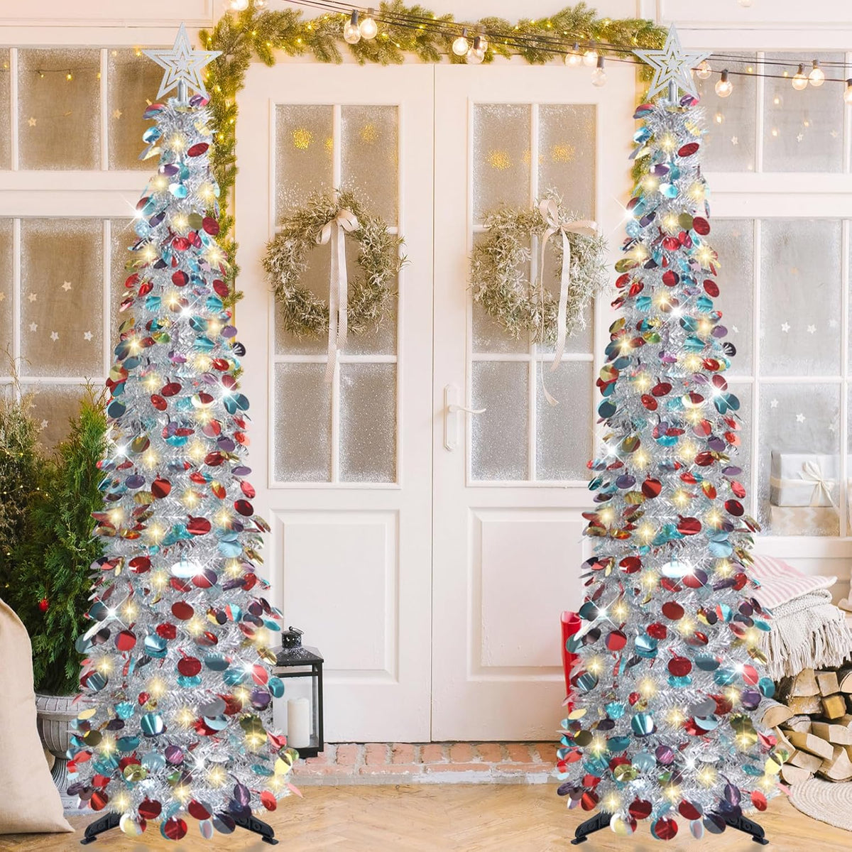 HMASYO 5FT/1.5M Pop Up Christmas Tree with Timer Lights, Silver Tinsel Christmas Tree, Collapsible Artificial Pencil Tree Xmas Decoration for Indoor Home Apartment Porch Party, Easy Assembly
