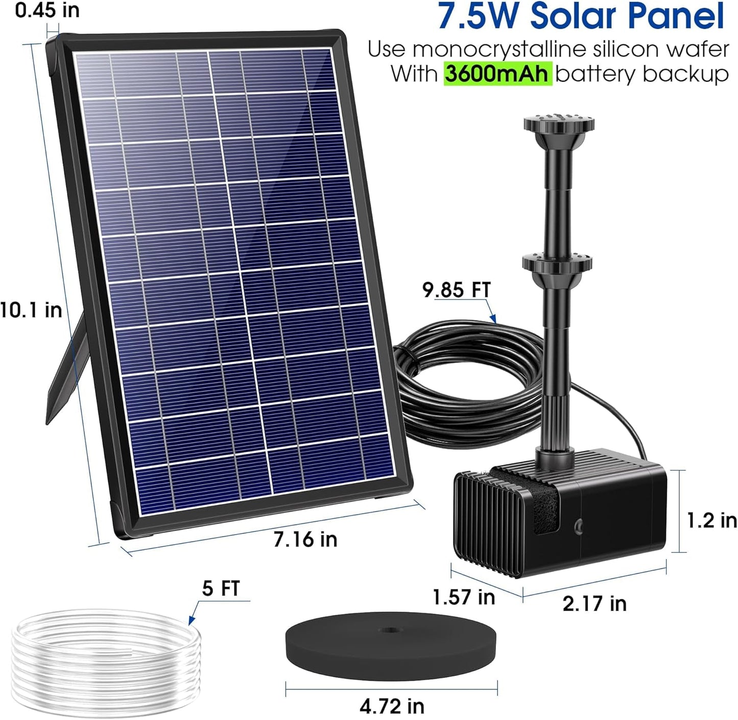 Biling Solar Water Pump with Battery Backup, 7.5W Solar Pond Fountain with 3600mAh Battery 10 Nozzles Solar Fountain with 5ft Tubing Water Features for Garden Ponds Pool Fish Tank Waterfall
