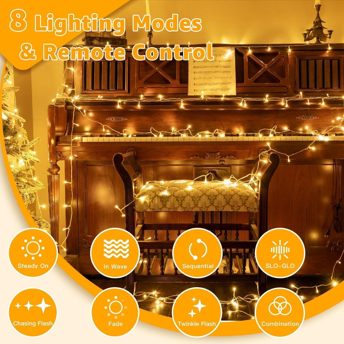 Ollny 20m 200 LED Fairy Lights Mains Powered, Outdoor Waterproof String Light with Remote/Plug/Modes/Timer, Bright Warm White Lighting Outside Indoor Garden Tree Party Wedding Decorations