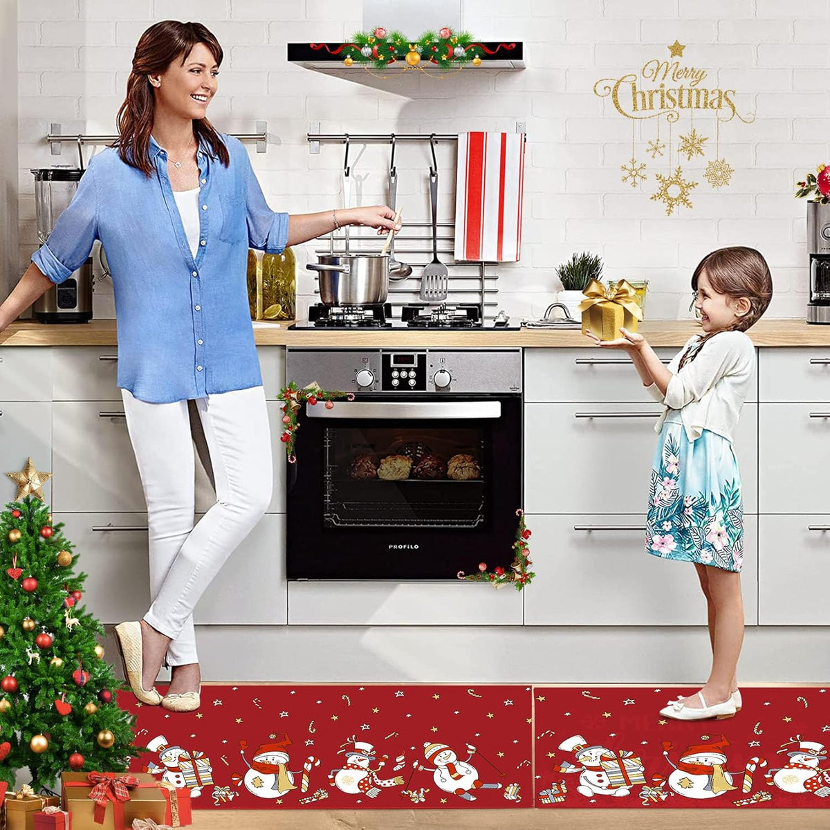CAROMIO Christmas Kitchen Carpet Runners 40x60 + 40x120 cm Kitchen Rugs Washable 2 Pieces Rubber Backing Non Slip Floor Mats for Kitchen Dining Room Hallway Christmas Rug Snowman