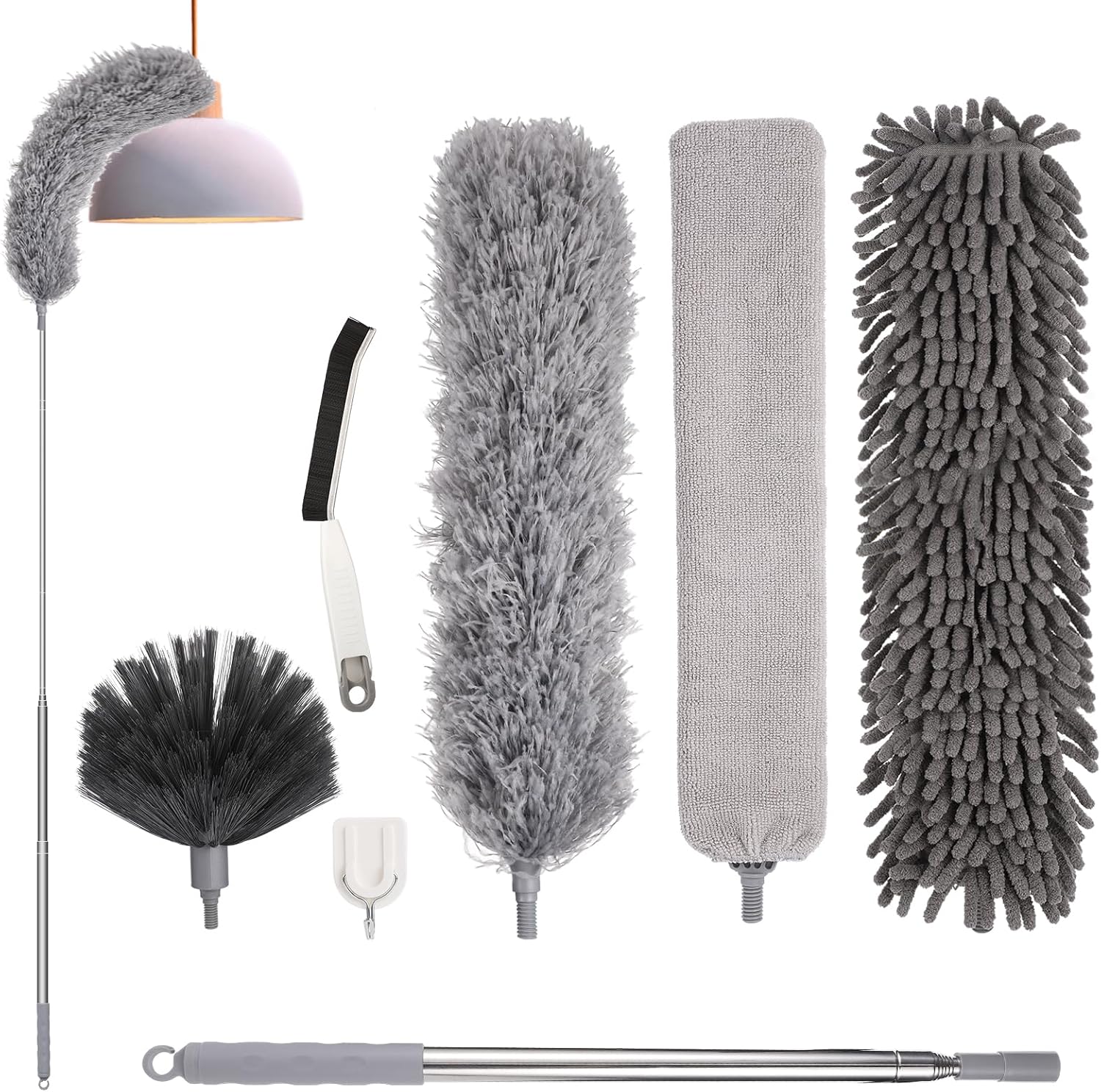 Feather Duster,7 PCS Extendable Bendable Washable Cobweb Brush with Extension Pole Up to 100'', Long Feather Duster for Cleaning Ceiling Fan,High Ceiling,Furniture