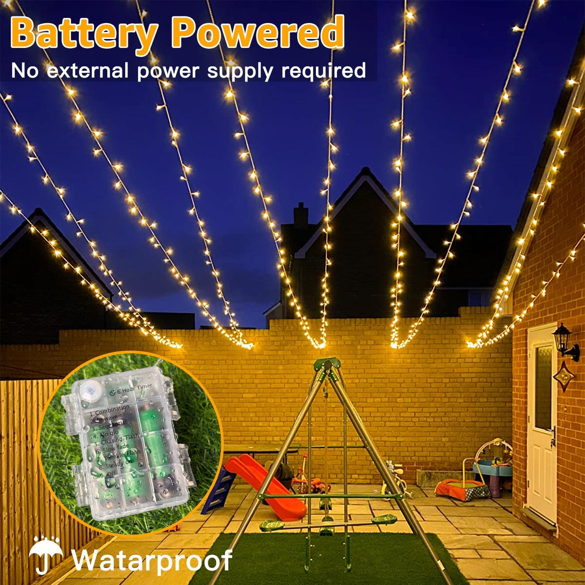 Ollny Fairy Lights Battery Operated, 10m 100 LEDs Bright Battery Powered String Lights, Warm White Outside Christmas Lights Waterproof with 8 Modes/Timer for Indoor Outdoor Bedroom Garden Decorations