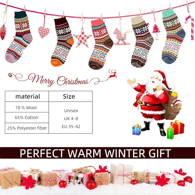Airabc Thermal Winter Women Socks 5 Pairs Wool Warm Knitting Ladies Socks Vintage Style Soft Cotton Thick Woman Bed Sock Multicoloured for Home Office School Hiking, Ideal Christmas Gifts for Women