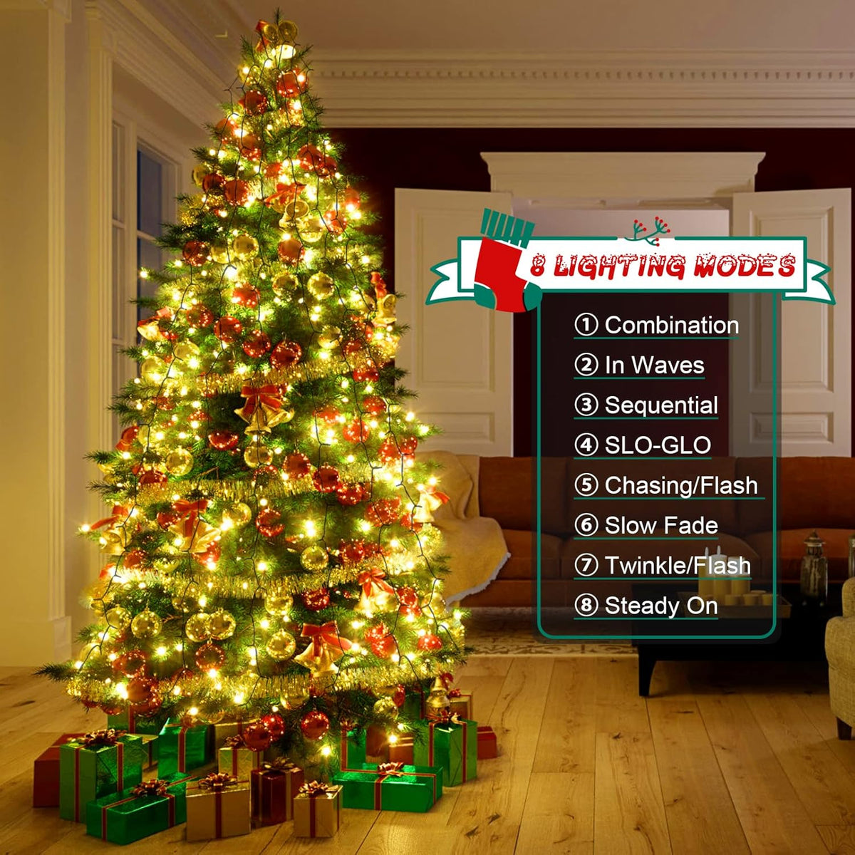 cshare Christmas Tree Lights, 2m * 16 Lines 400 LEDs Fairy Lights Mains Powered with 8 Light Modes,Memory & Timing Function,Waterproof for 1.5-3M(5-10ft) Christmas Tree Indoor and Outdoor- Warm White