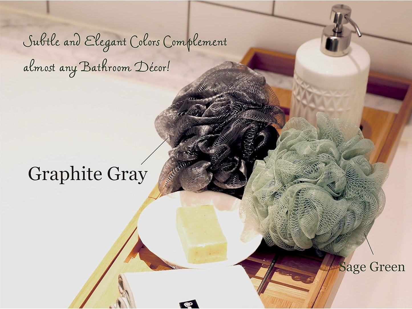 Large 70g Loofah Sponge – Exfoliating Bath & Body Scrubber for Women and Men – 3 Pack (2 Graphite Gray + 1 Sage Green) with Charcoal Infusion