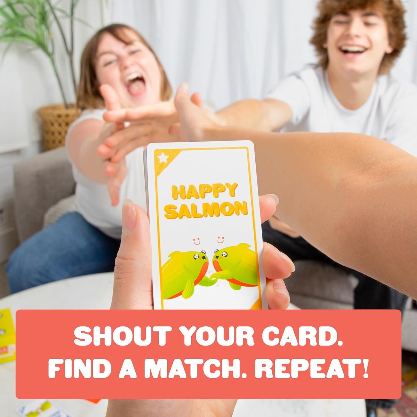 Exploding Kittens Happy Salmon - 3-8 Players - Ages 6+ - 90 Second Rounds - Easy to Learn Quick Matching Card Game - Ideal for Party, Family Game Night, Kid and Adult