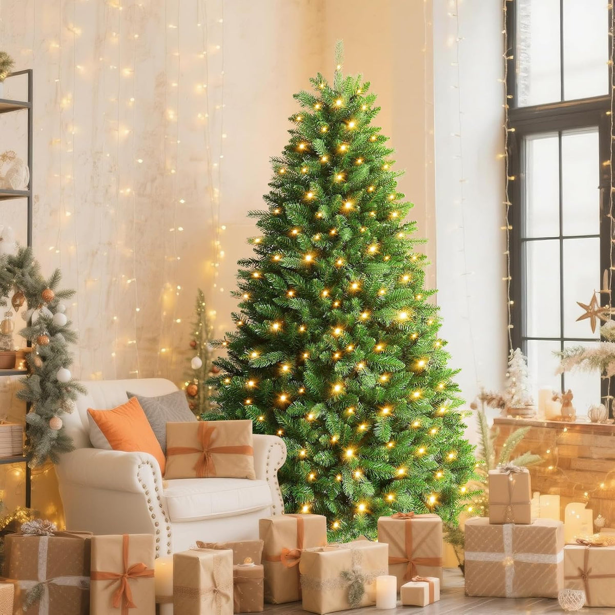 SHareconn 6FT Pre Lit Artificial Christmas Tree with 350 Warm White & Multicolor LED Lights, 12 Light Modes, Xmas Tree with 1322 PVC & PE Branch Tips, with Metal Stand, Easy Assembly and Foldable